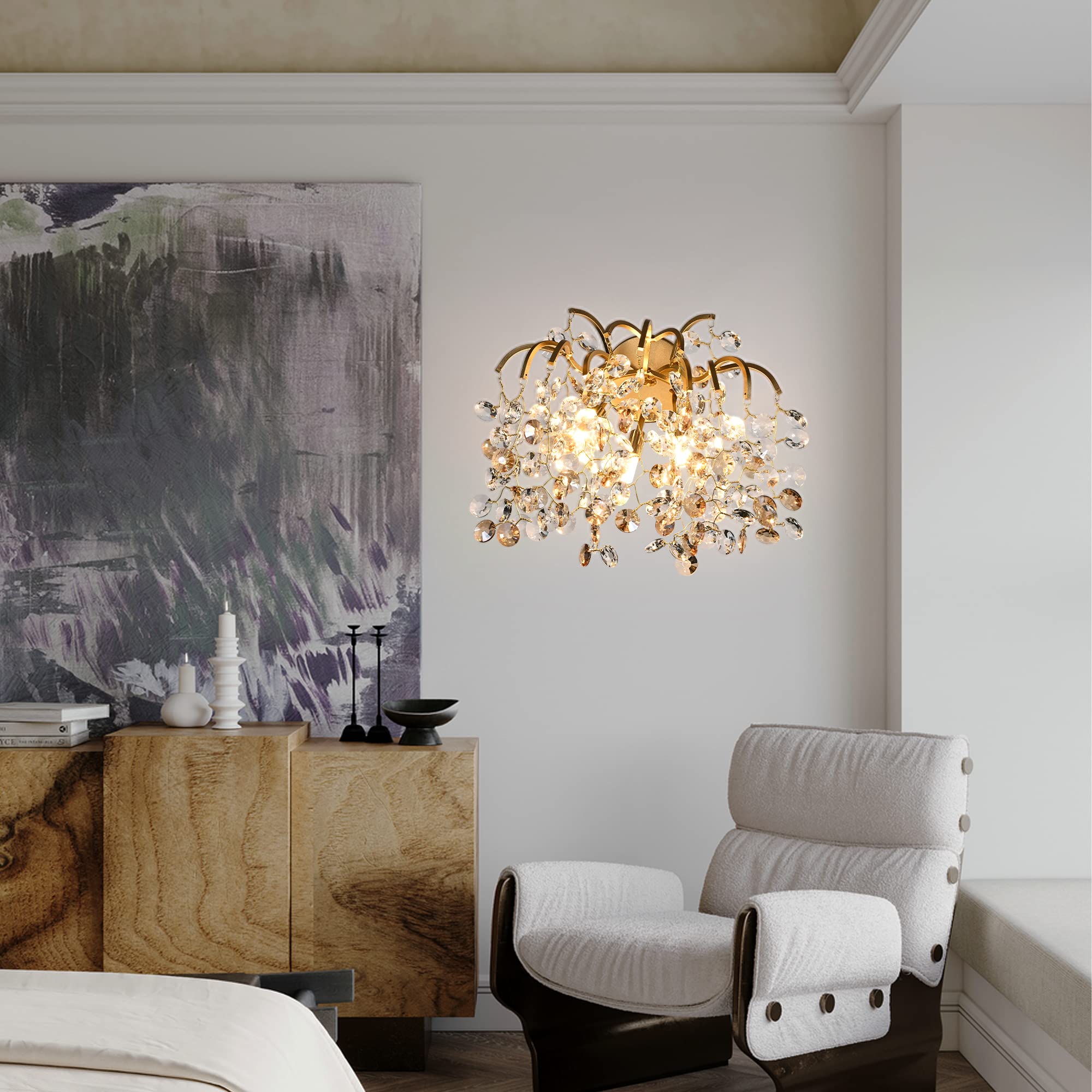 Modern Crystal Wall Sconces - Gold Tree Branch Raindrop Wall Light Fixture for Living Room, Bedroom, Hallway | Elegant Lighting for Home Decor & Bedside Ambience