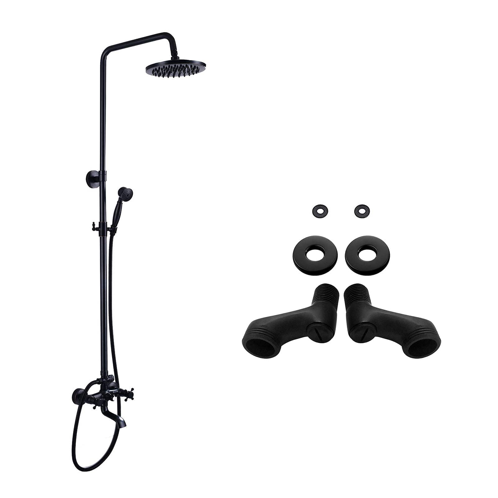 8 Inch Oil Rubbed Bronze Rain Shower System Set with Tub Spout - 2 Cross Handle Triple Function Shower Faucet & Matte Black 3-3/8