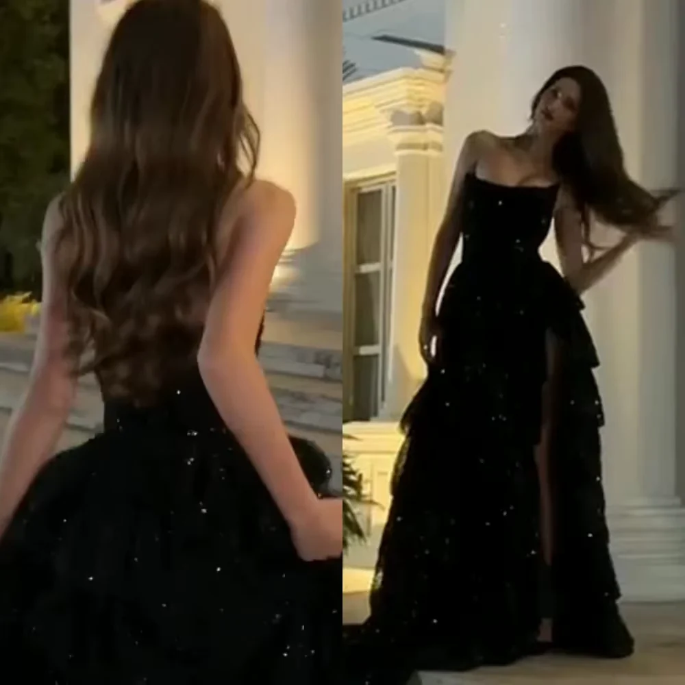 Elegant Black Sequined Strapless Prom Dress with High Slit - Formal Evening Gown J5728 | Perfect for Homecoming, Prom Night & Cocktail Parties