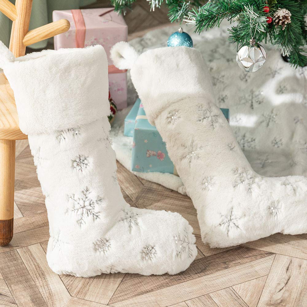 2PCS Large Plush Christmas Stockings - 22 Inches White Faux Fur Xmas Stockings with Silver Sequin Snowflake Design for Fireplace Mantel Decor | Perfect for Holiday Gift Giving & Christmas Home Decor