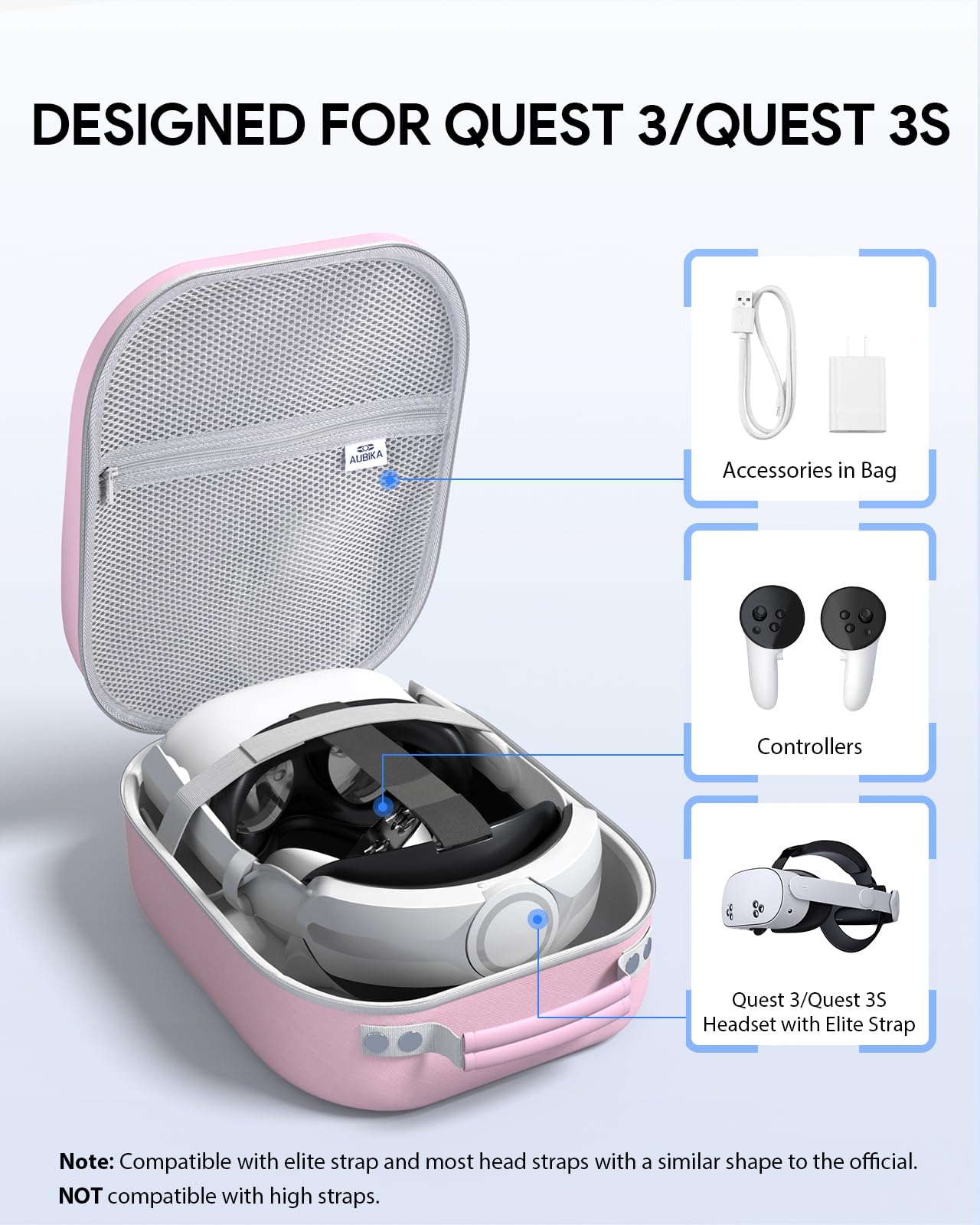 Aubika Hard Travel Carrying Case for Meta Quest 3S, Quest 3, Oculus Quest 2, Pico 4, Quest Pro & Vision Pro VR Headsets - Compatible with Elite & Battery Head Straps - Protective Pink Storage Case for Travel, Gaming & Home Use