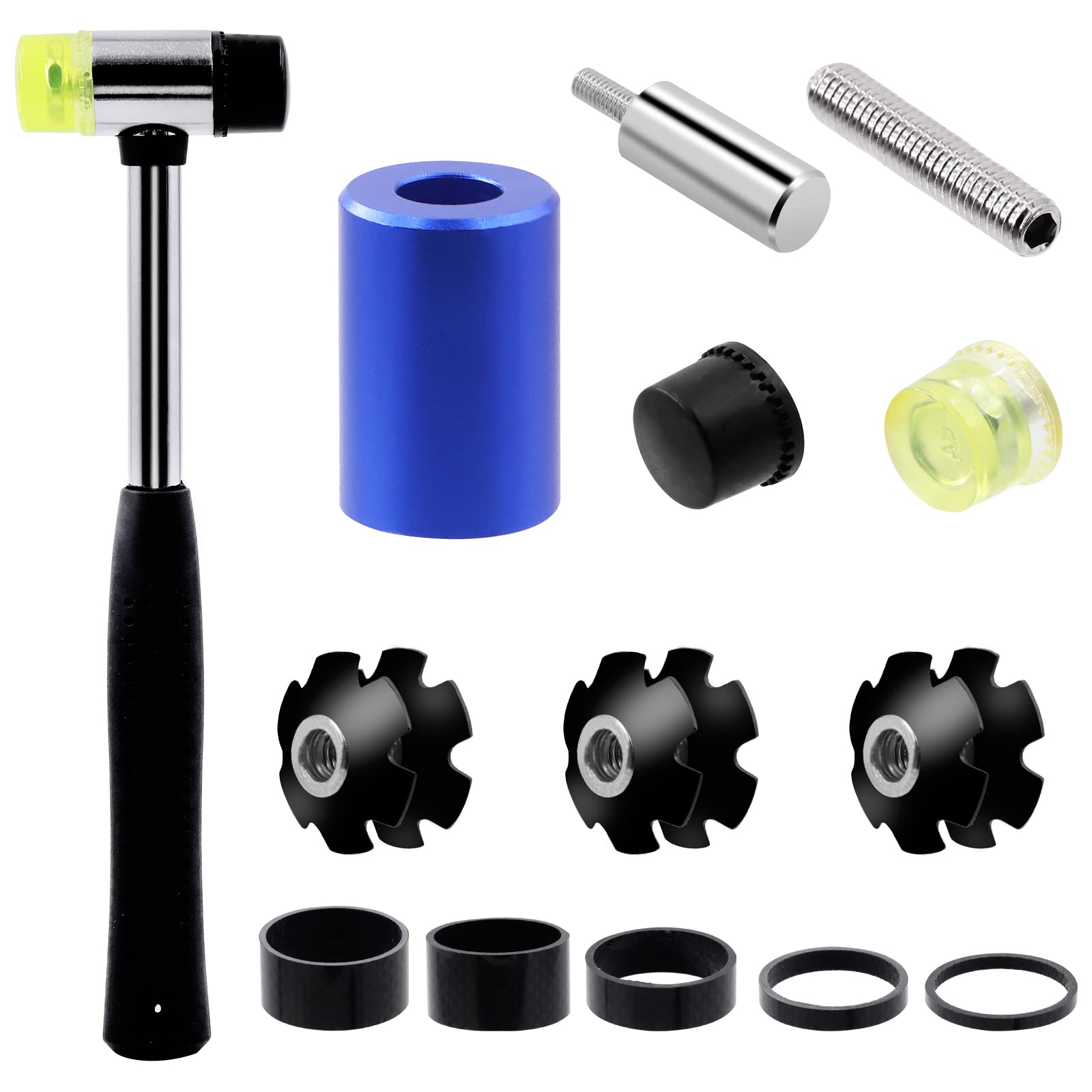 Glarks 15Pcs Bike Fork Star Nut Headset Spacer Installation Tool Kit - Professional Bicycle Fork Installer Setting Tool with Rubber Hammer, Star Nuts & 3/5/10/15/20mm Carbon Fiber Headset Spacers - Perfect for DIY Bike Repair and Maintenance
