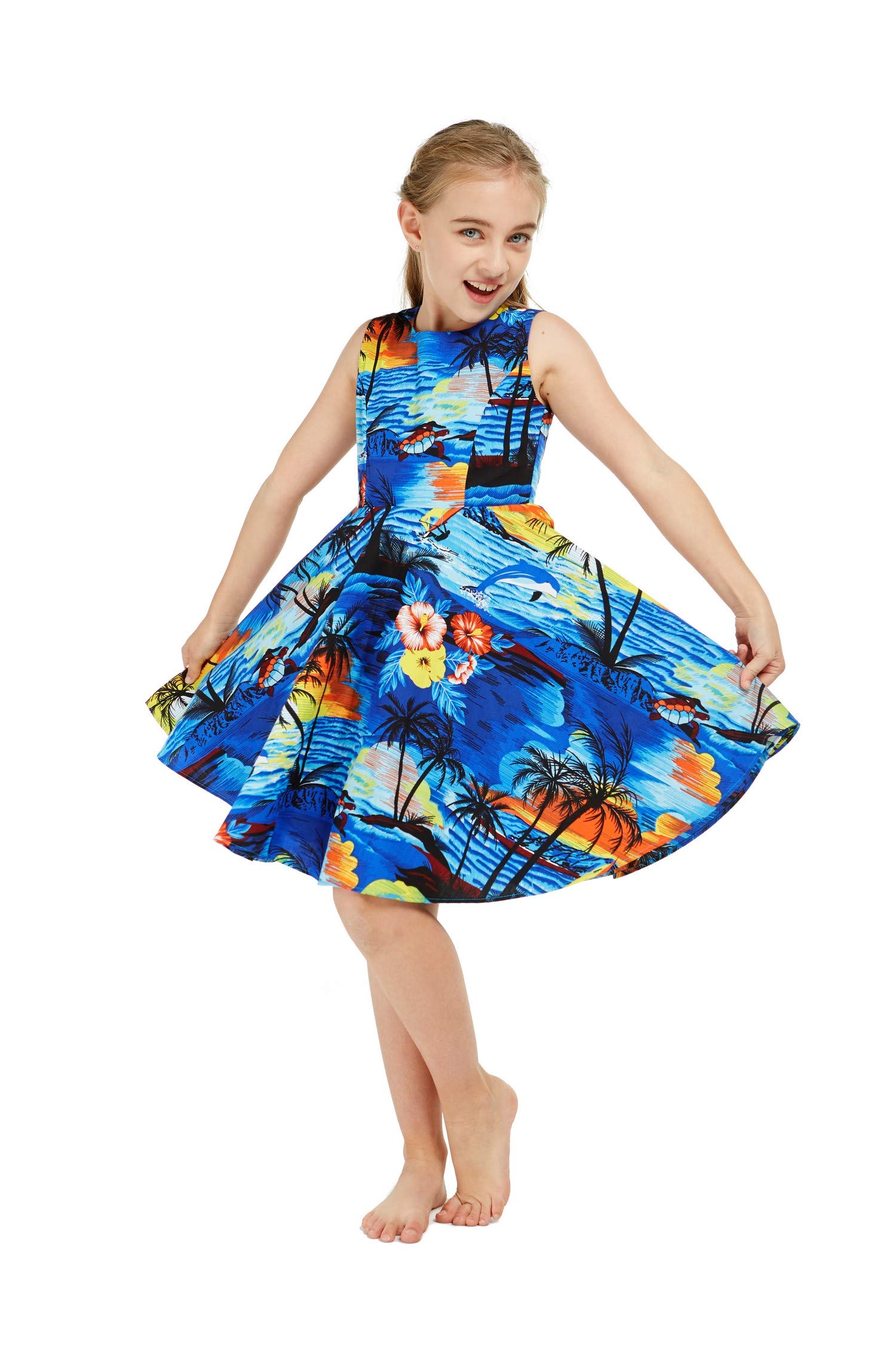 Vintage Matching Father Daughter Hawaiian Luau Dance Shirts & Dresses - Sunset Dolphin Print Aloha Outfits for Beach Party, Family Vacation, and Tropical Themed Events