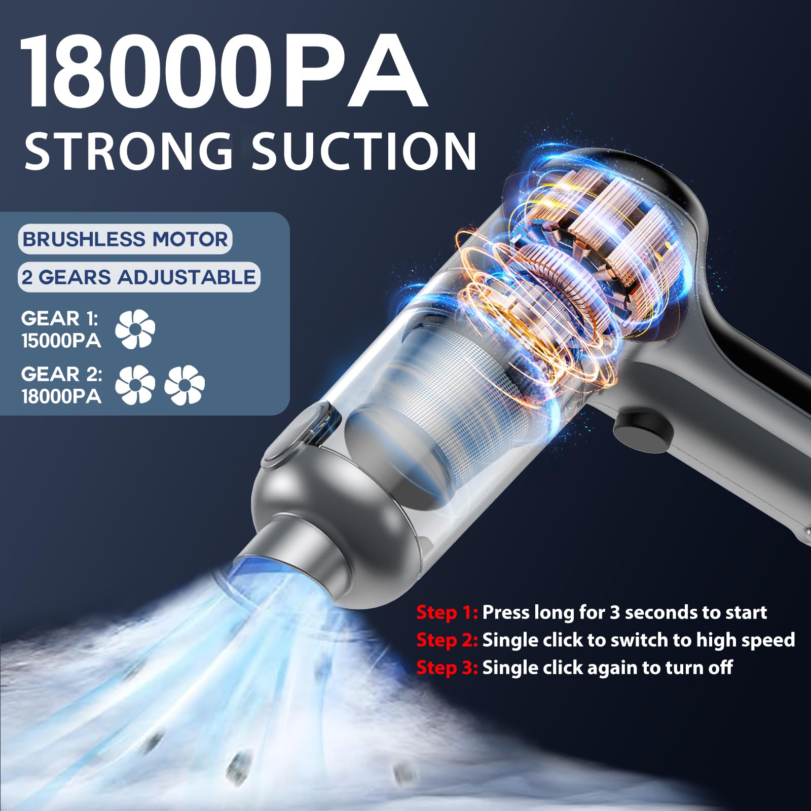 Cordless Handheld Vacuum Cleaner 3-in-1 Portable Car Vacuum with 18000PA Brushless Motor - Rechargeable Multi-Nozzle Mini Vacuum for Home, Office, Computer Keyboard & Car Cleaning