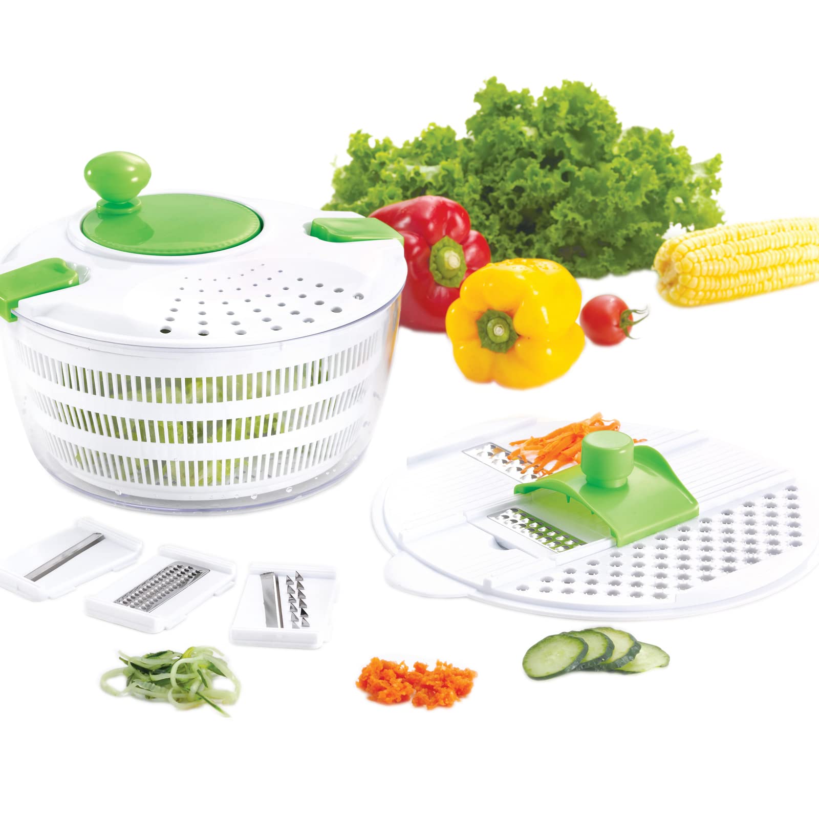 HUJI Salad Spinner and Mandoline Slicer Set - 4L Vegetable Dryer with 6 Blades & Pouring Spout (2 Pack) - Perfect for Kitchen Prep, Healthy Salads & Meal Prepping