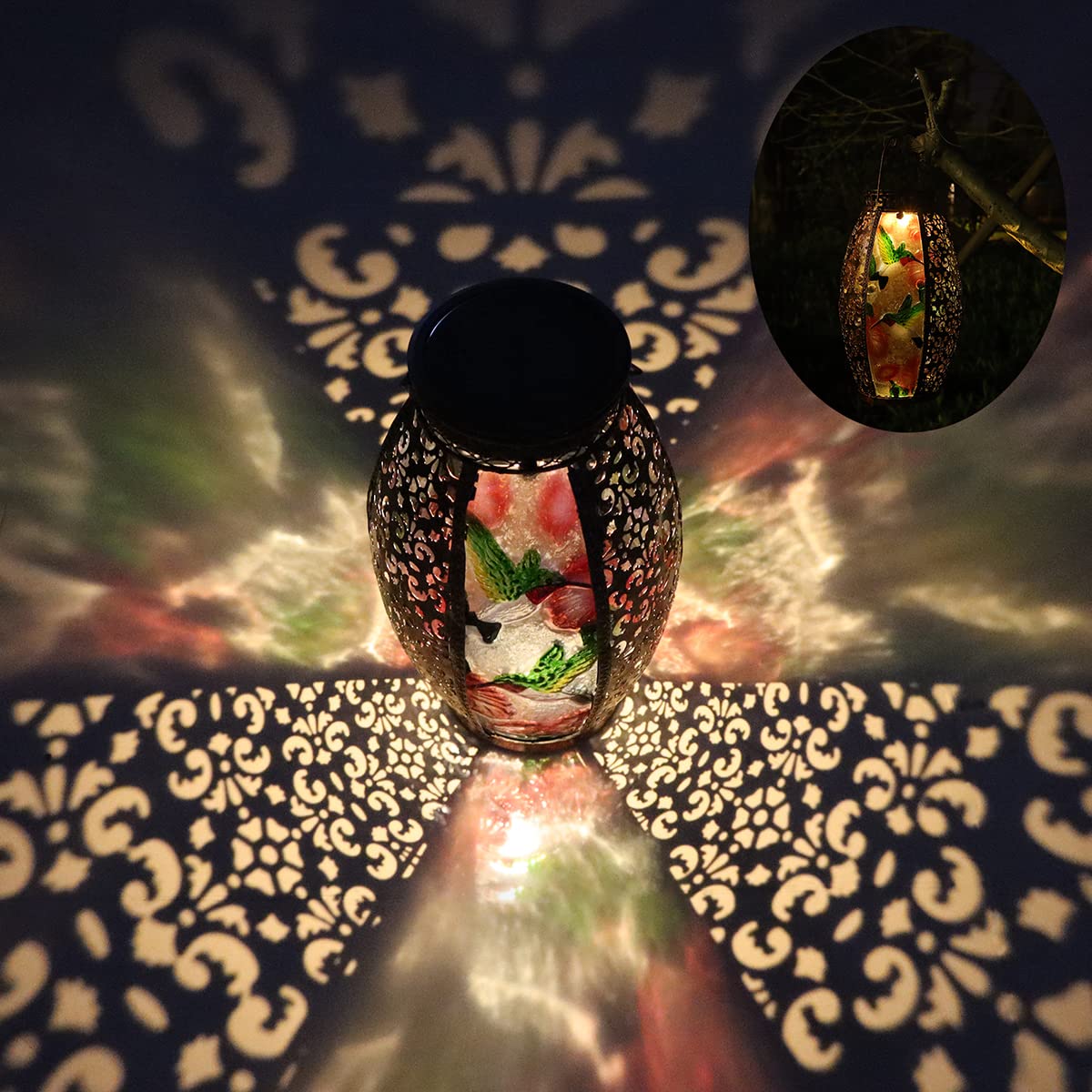 Solar Powered LED Hummingbird Glass Lantern - Waterproof Outdoor Decorative Lighting with Hollowed-Out Design for Garden, Patio, Pathway, Yard, Tabletop & Indoor Use | Perfect for Holiday Decor, Wedding Centerpieces & Romantic Ambiance
