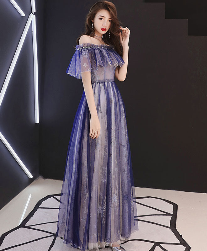 Elegant Blue Tulle Lace Tea-Length Prom Dress | Vintage-Inspired Evening Gown for Homecoming, Wedding Guest & Special Occasions