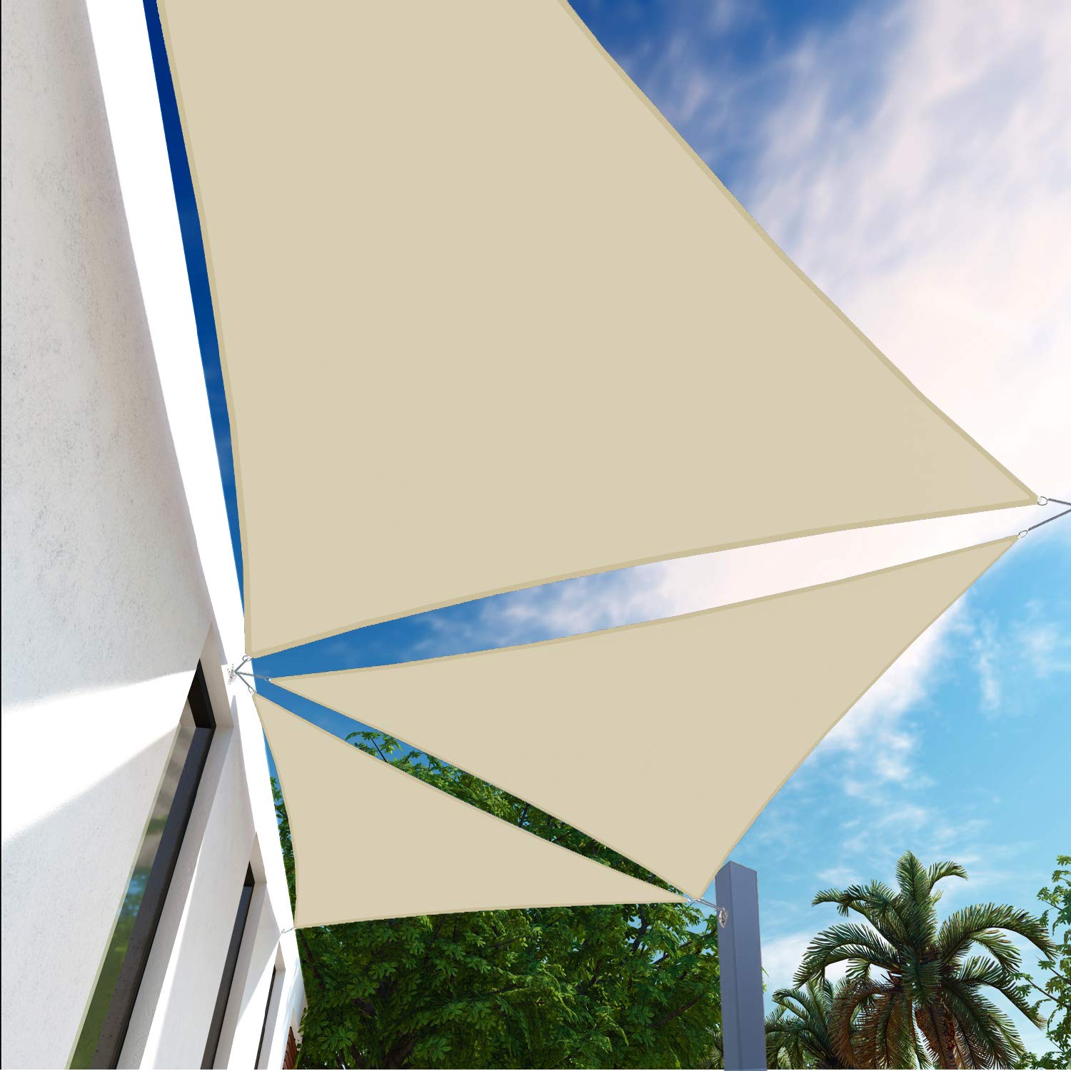 E&K Sunrise 10' x 10' x 10' Waterproof Triangle Sun Shade Sail - UV Blocking Durable Canopy Awning for Outdoor Garden, Backyard, Patio - Beige Customized Sun Protection for Poolside, Deck & Play Areas