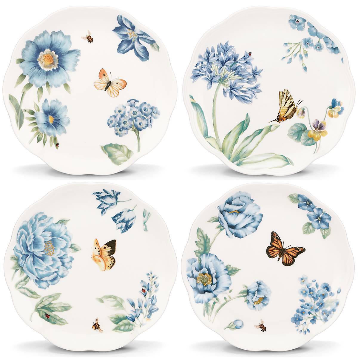 Butterfly Meadow Blue Dessert Plates Set of 4 - Elegant Floral Design for Parties, Weddings & Home Decor