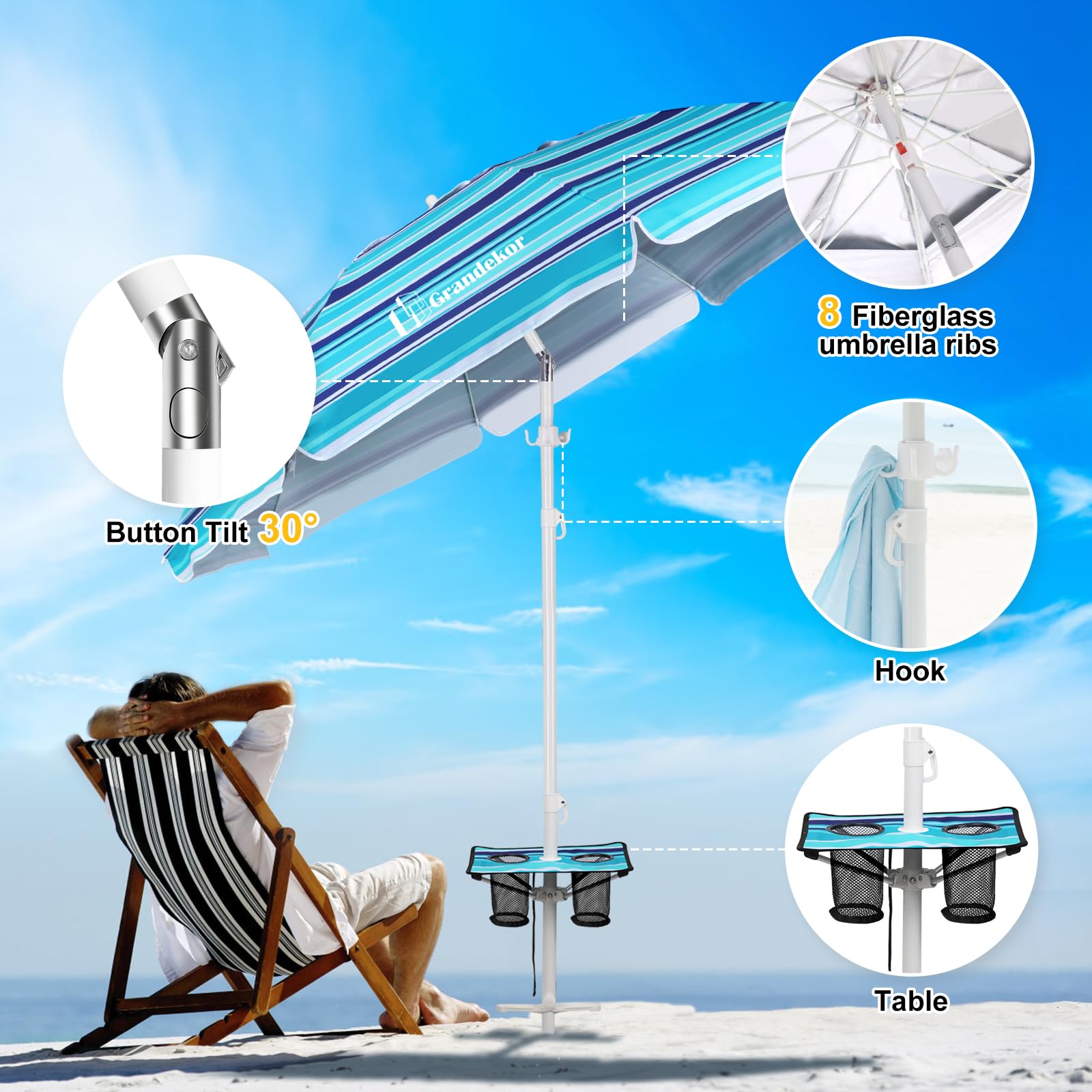 Premium Heavy Duty 7FT Beach Umbrella with Sand Anchor & Carry Bag - Windproof Portable Sun Shade with UV 50+ Protection - Perfect for Beach, Poolside, Picnics, and Outdoor Travel