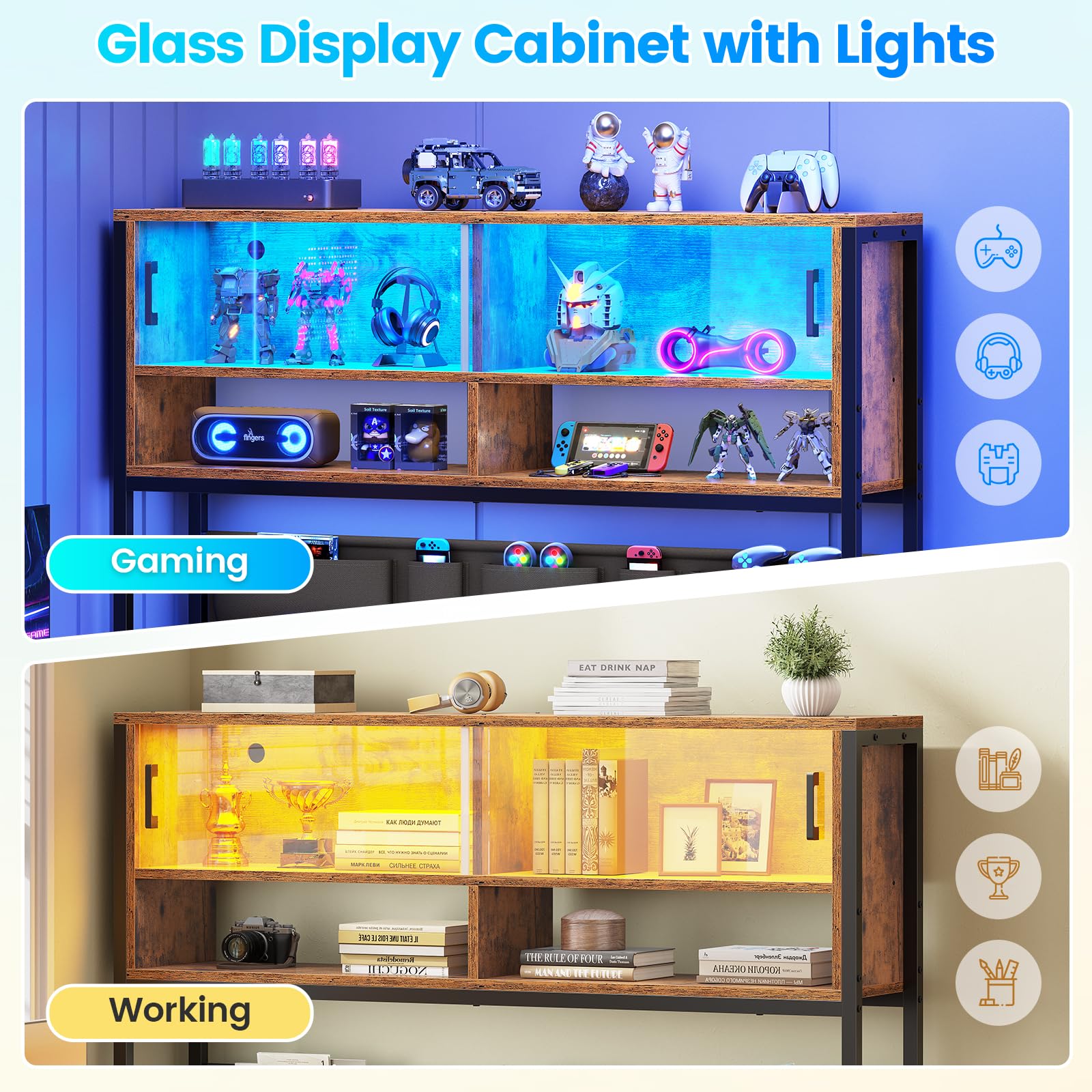 SEDETA L-Shaped Computer Desk with LED Light, 2 Drawers & Bookshelf - Home Office Gaming Desk with Glass Cabinet, Storage Bag & Shelves - Rustic Brown Corner Desk for Small Spaces & Workstations