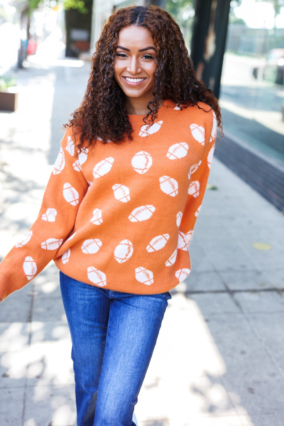 Game Day Orange Football Print Jacquard Knit Sweater - Stylish Sports Fan Apparel for Football Games, Tailgating & Casual Wear