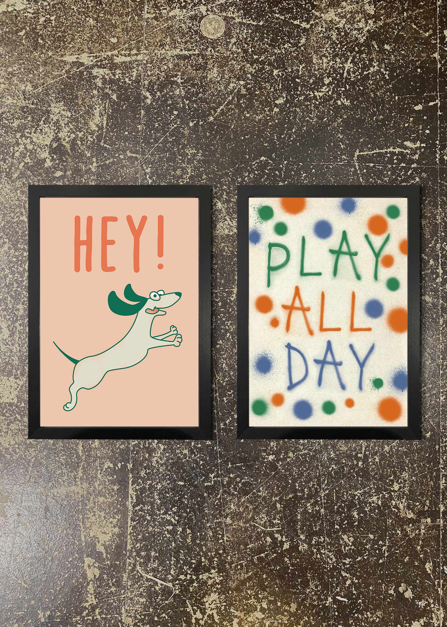 Kids Dog & Play All Day Prints - 2 Pack Framed Wall Art for Nursery, Bedroom & Playroom Decor - Perfect for Dog Lovers & Pet Themed Rooms