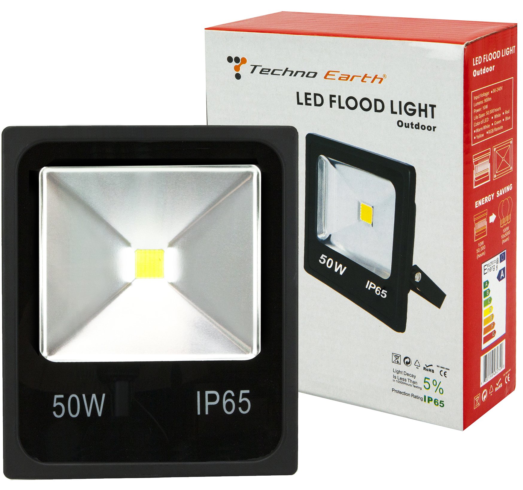 Techno Earth 50W Super Bright Outdoor LED Flood Lights - 150W HPS Equivalent, 3250lm Daylight White (6000K), IP65 Waterproof Security Floodlight for Yard, Garden, Parking Lot & Building Exterior Lighting