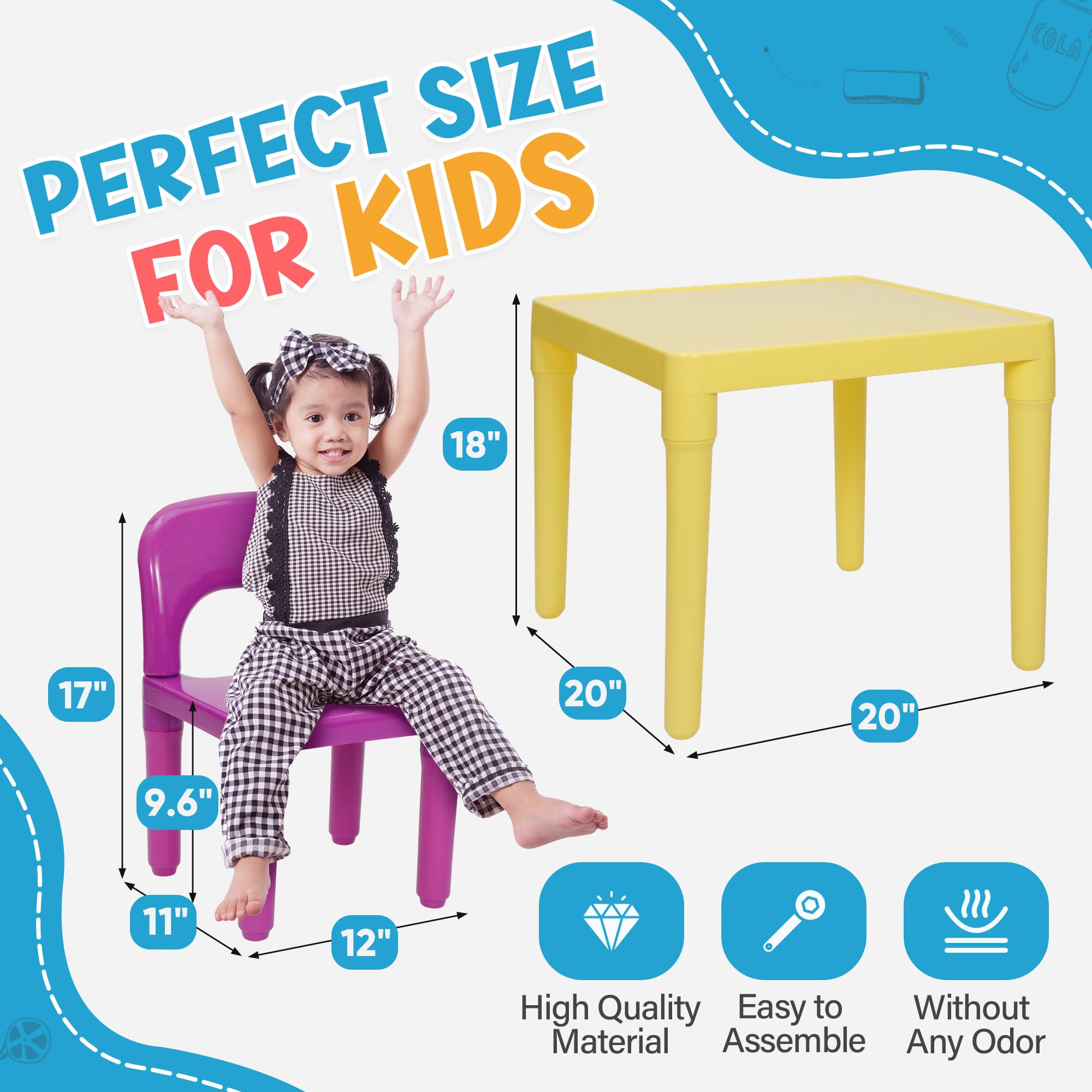 ZENY Kids Plastic Table and 4 Chairs Set - Colorful Playroom Furniture for Reading, Training, Arts & Crafts | Perfect for Toddler Activities, Preschool Learning & Home Play Area