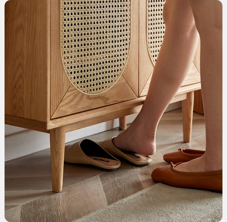 Oak Solid Wood Rattan Shoe Cabinet - Rustic Entryway Storage Organizer for Shoes, Boots & Accessories | Perfect for Hallway, Mudroom & Closet Organization