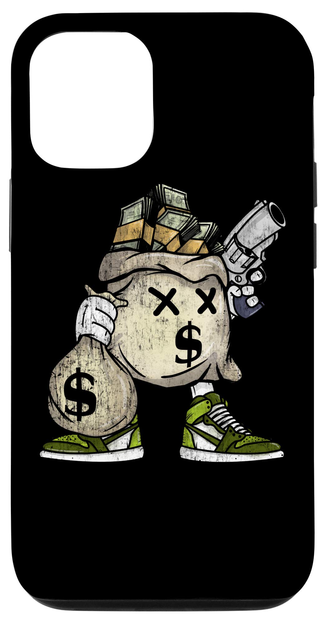 Funny Gangsta Hustle Hard iPhone 12/12 Pro Money Bag with Gun T-Shirt - Cool Gift for Hip-Hop Fans & Streetwear Lovers - Perfect for Concerts, Parties & Urban Fashion