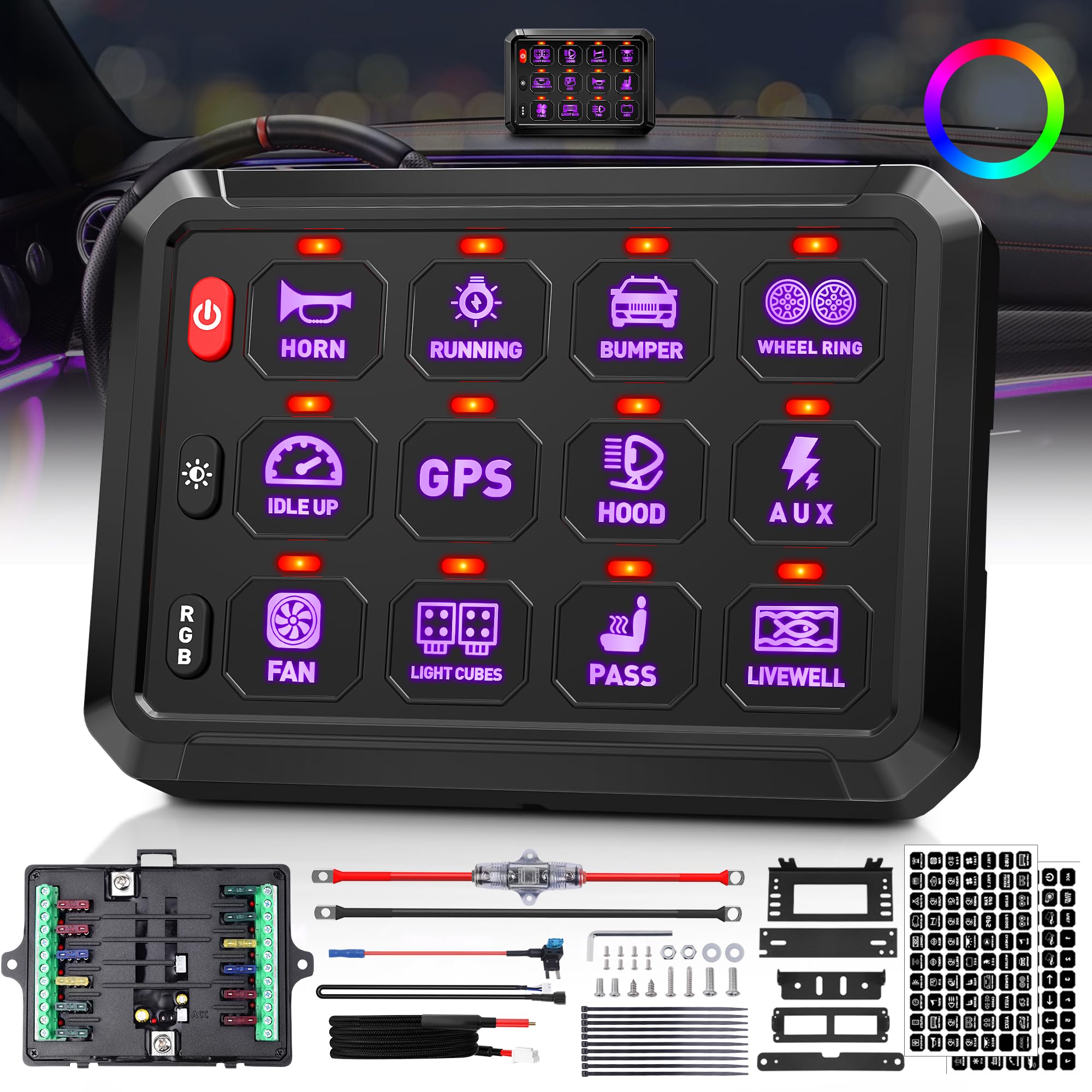 12 Gang Universal Switch Panel with LED & Touch Control - Waterproof Circuit Relay System for Cars, Boats, Trucks, UTVs & ATVs - Perfect for Off-Road, Marine & RV Lighting Control