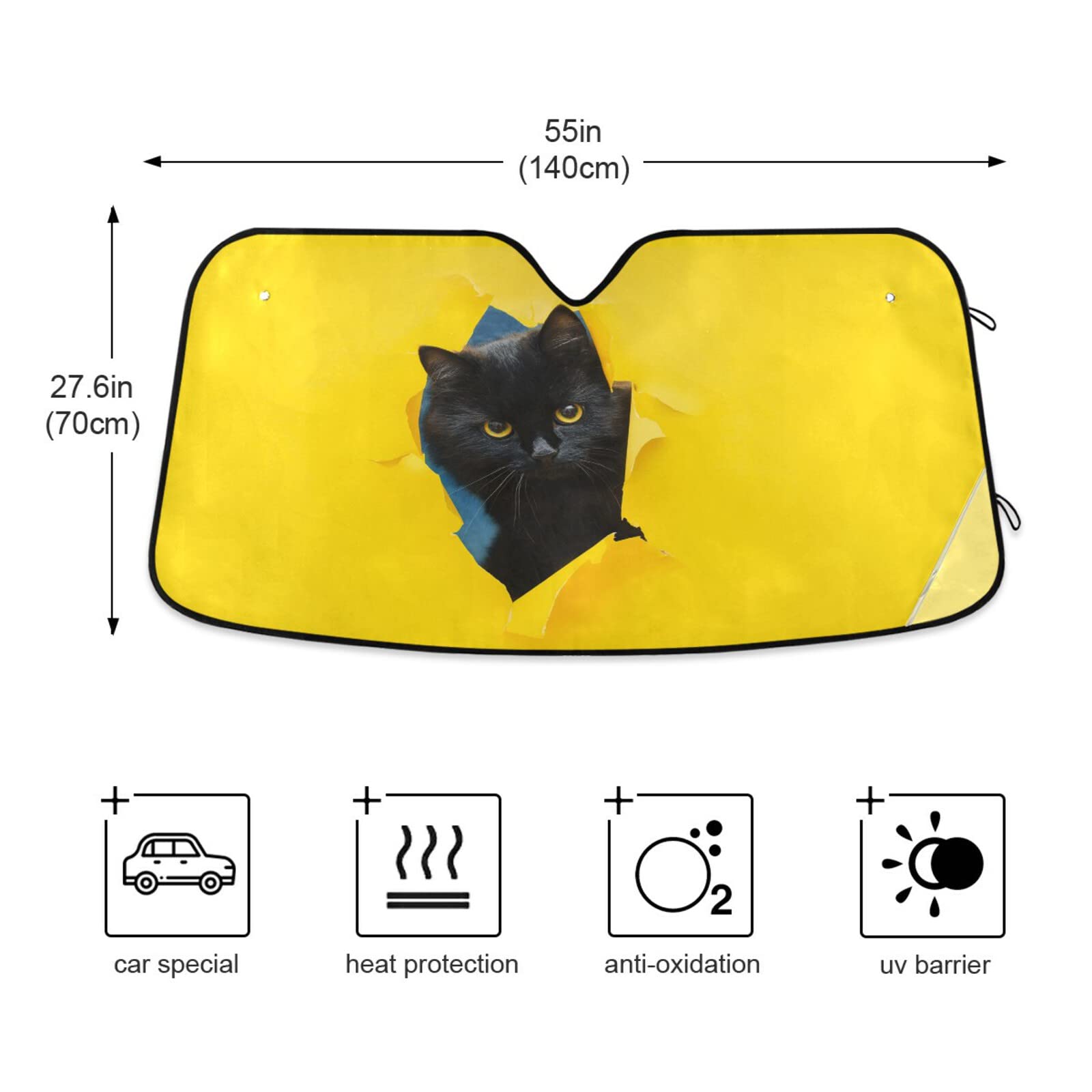 Black Cat Car Sun Shade Windshield Protector - Foldable UV & Heat Blocking Visor (55×28 Inch) for Summer Parking & Pet Safety | Cute Peeping Cat Design for Auto Sun Protection