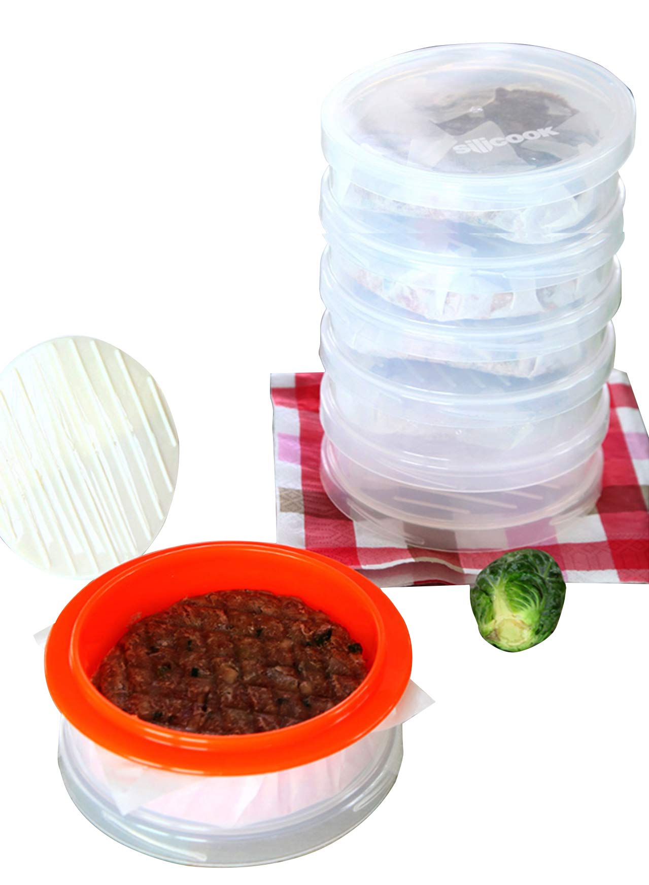 Non-Stick Double Hamburger Press with Patty Ejector - Makes Perfectly Shaped Patties (1 Press + 1 Guide Ring + 6 Storage Containers + 1 Lid) - Ideal for BBQ, Backyard Grilling & Meal Prep