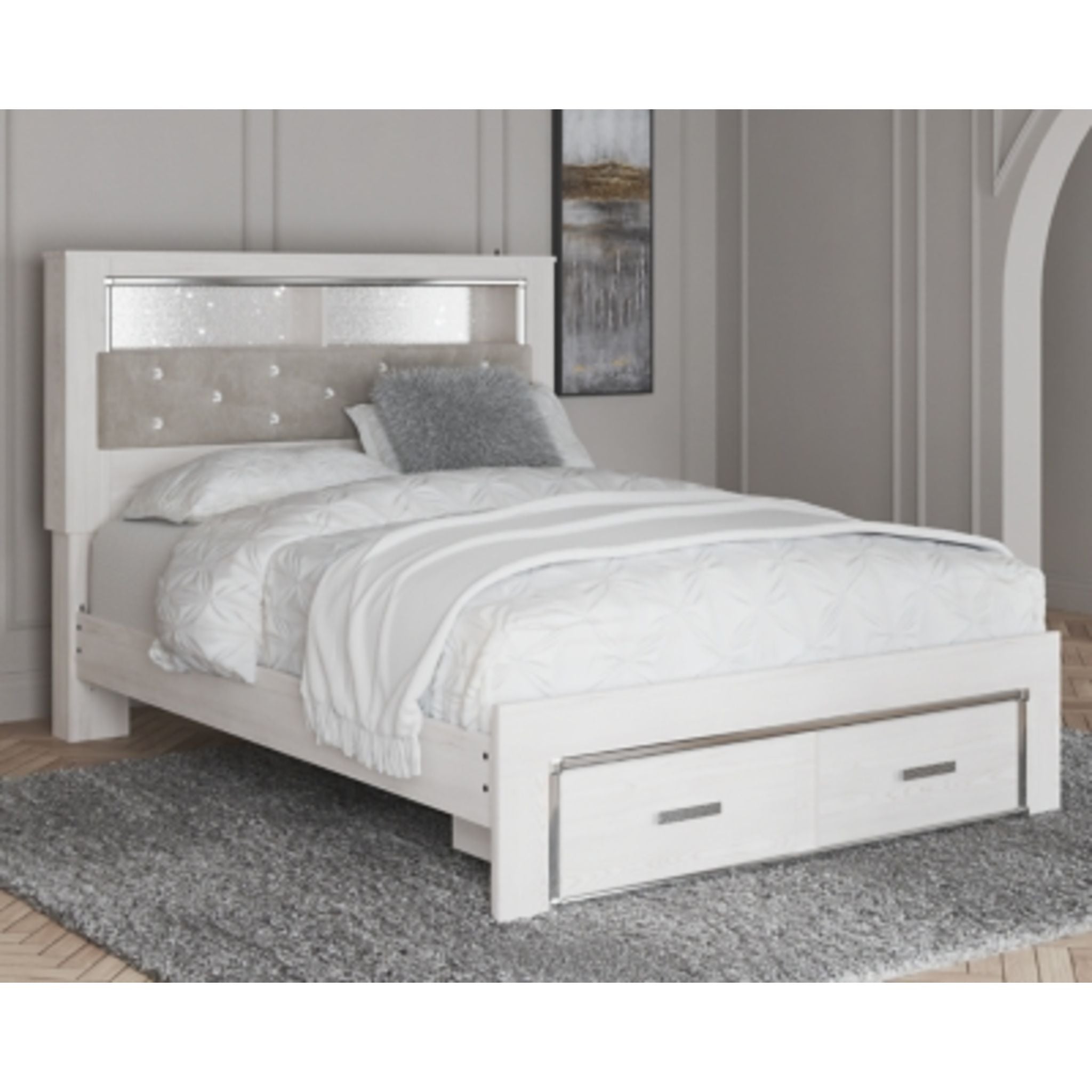 Altyra King Upholstered Bookcase Bed with Storage - White Wooden Platform Bed Frame with Headboard & Underbed Storage | Perfect for Small Bedrooms, Guest Rooms & Dormitories