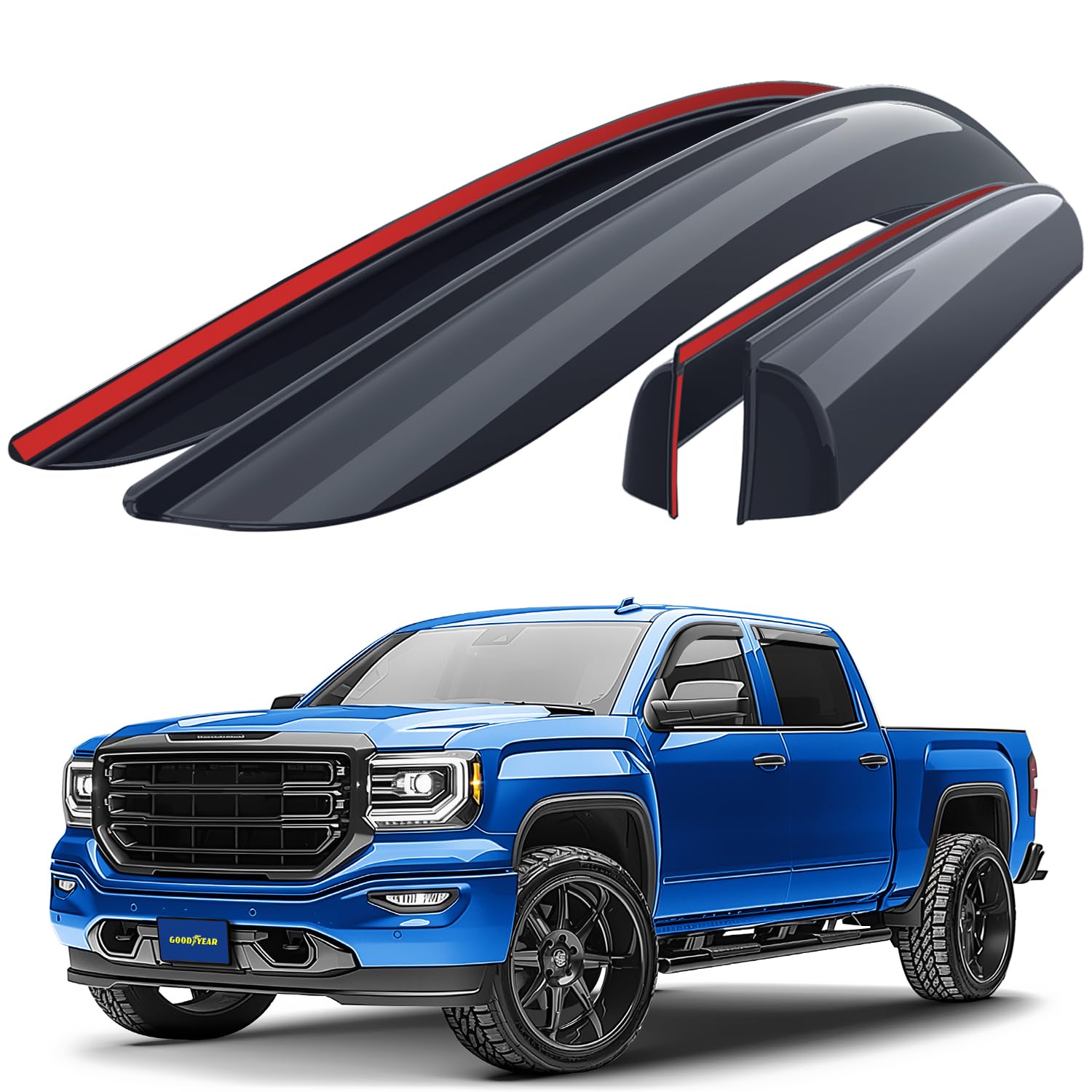 Goodyear Shatterproof Window Deflectors for GMC Sierra 2014-2018 Crew Cab - 4pc Tape-On Rain Guards & Vent Visors | Weatherproof Truck Accessories for Rain Protection & Improved Airflow | Perfect for Off-Roading, Camping & Daily Commuting