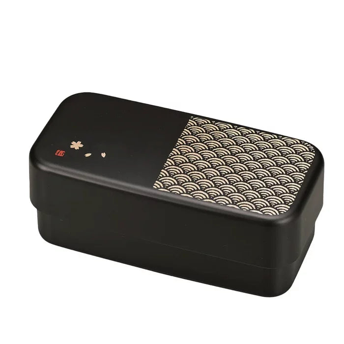 Premium Hakoya Two-Tier Black Bento Lunch Box with Seigaiha Wave Pattern - 950ml Capacity | Ideal for Office Lunch, School Meals & Picnics | Microwave & Dishwasher Safe