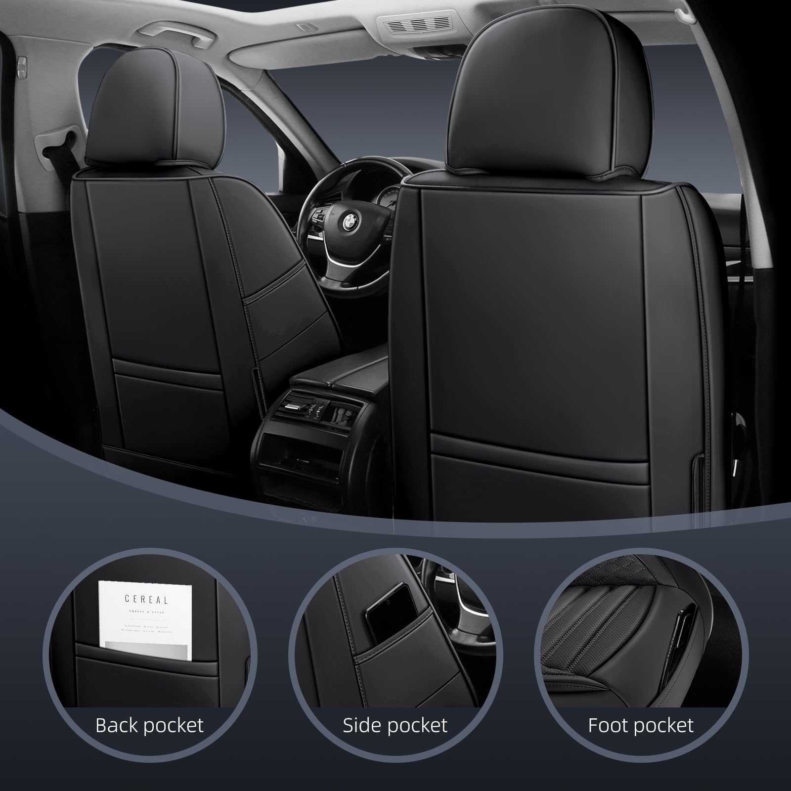 Premium Universal Leather Car Seat Covers Full Set - 5-Piece Black Seat Protectors with Headrest Pillow for Cars, SUVs & Trucks | Durable Full Coverage Protection for Daily Commute, Road Trips & Family Travel