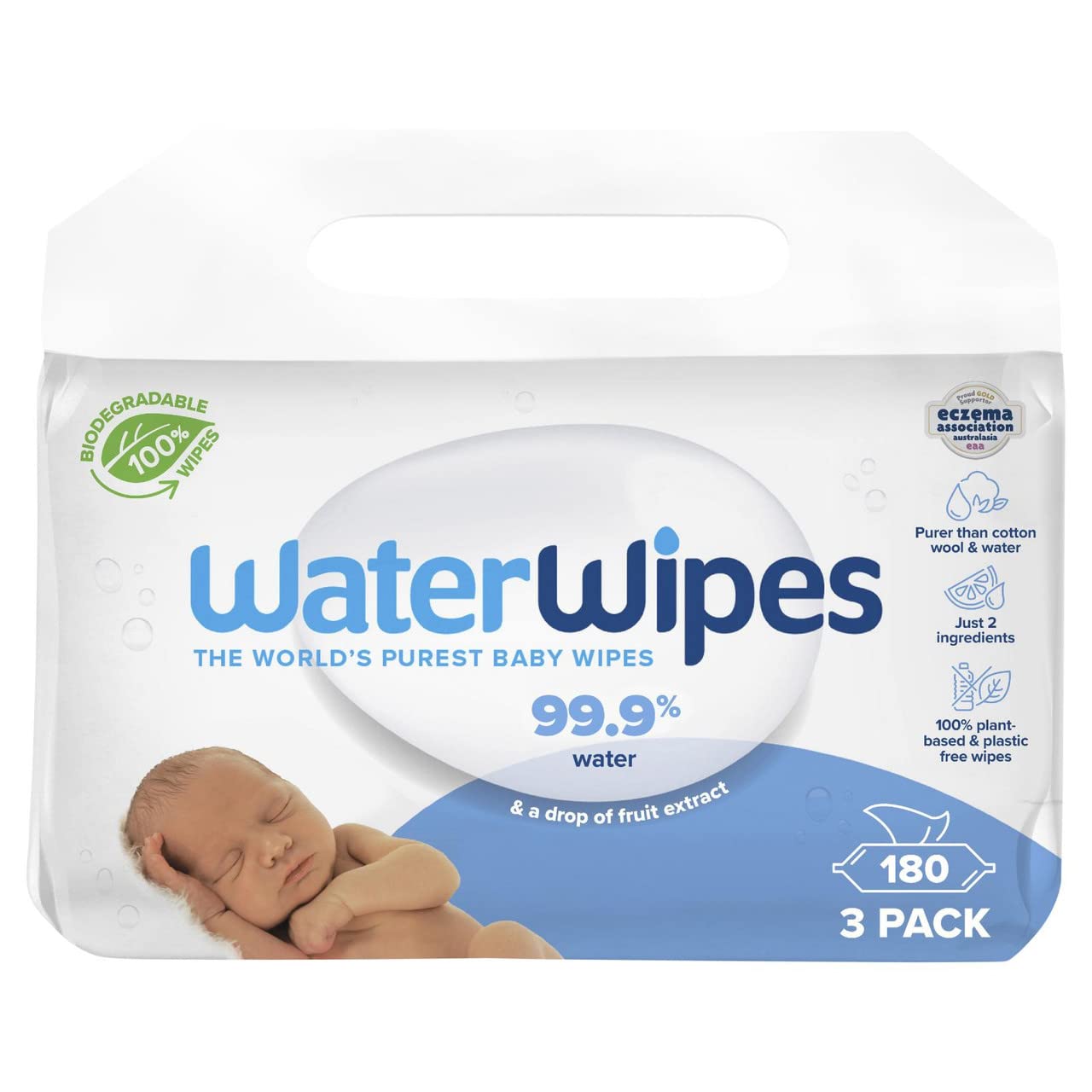 WaterWipes Baby Wipes with 99.9% Organic Water - 180 Count | Hypoallergenic & Fragrance-Free for Sensitive Skin | Perfect for Diaper Changes, Face Cleaning & On-the-Go Use