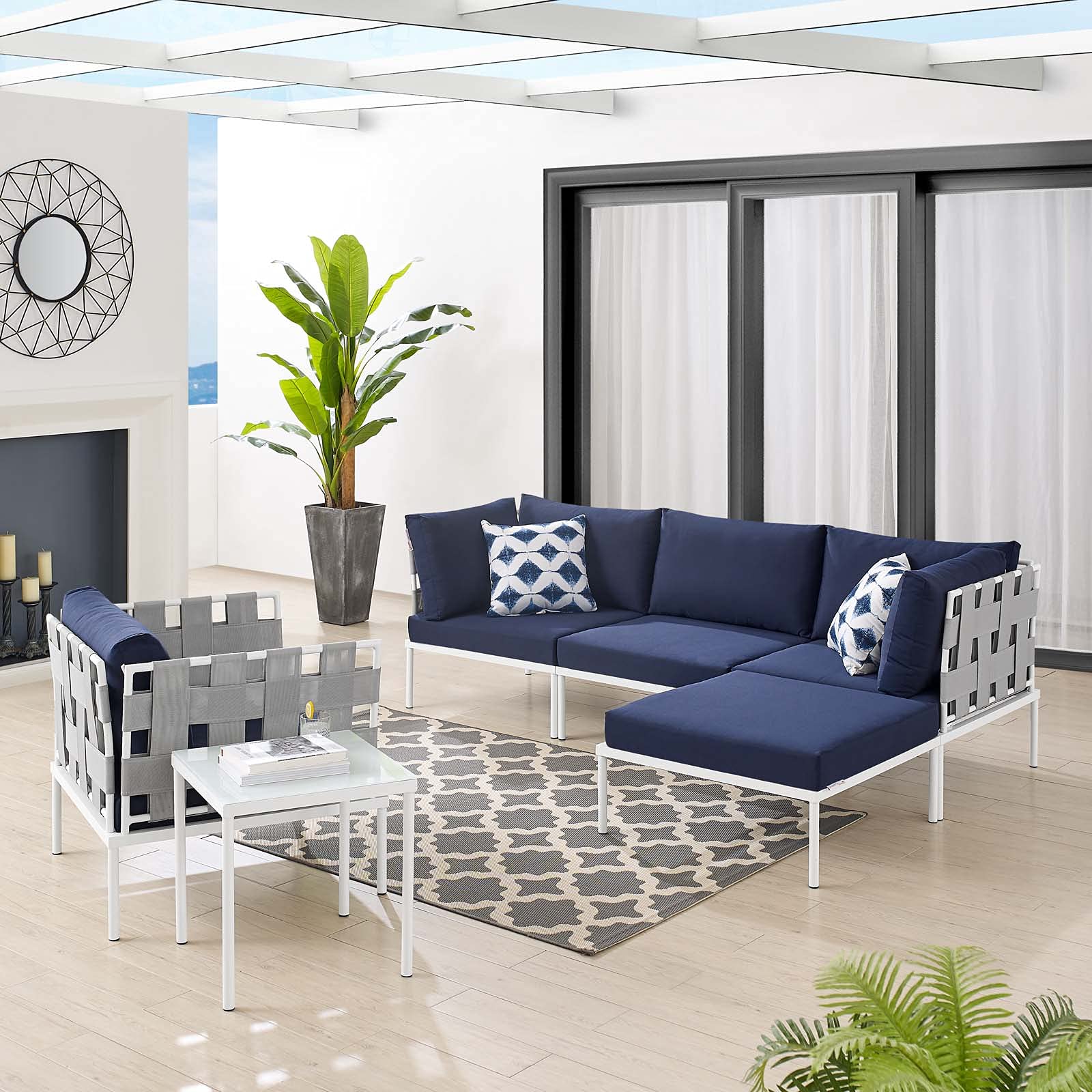 Modern Outdoor Lounge Sectional Sofa Set with Table - Aluminum Frame in Grey & Navy - Perfect for Patio, Garden, and Poolside Relaxation