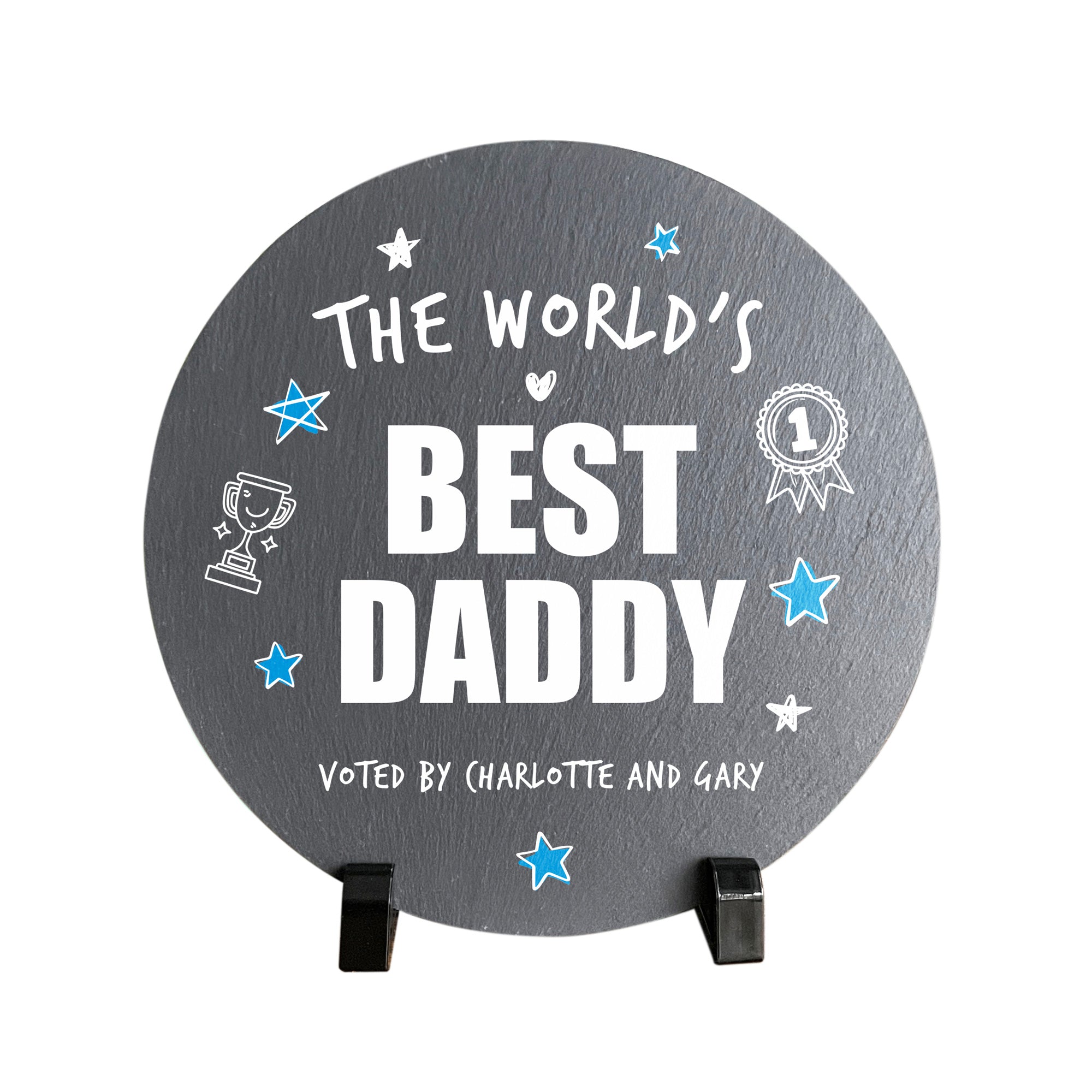 Personalized 'World's Best Dad' Round Slate Plaque with Wooden Stand - 20cm Diameter - Perfect Father's Day Gift, Office Desk Decor, or Home Keepsake