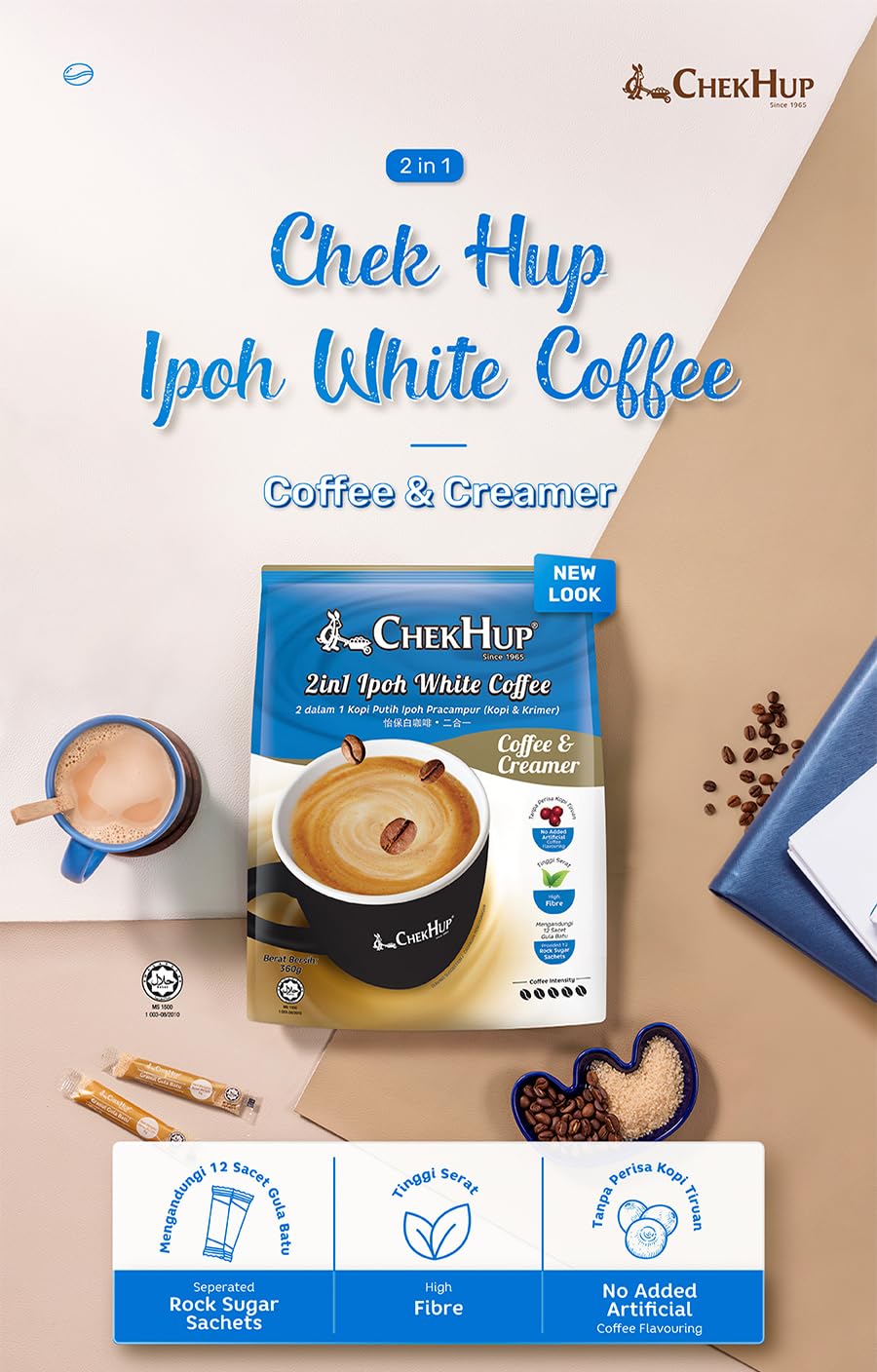 Chek Hup 2-in-1 Ipoh White Coffee with Creamer - 12 Sachets (30 Pack) - Premium Malaysian Instant Coffee for Home, Office & Travel