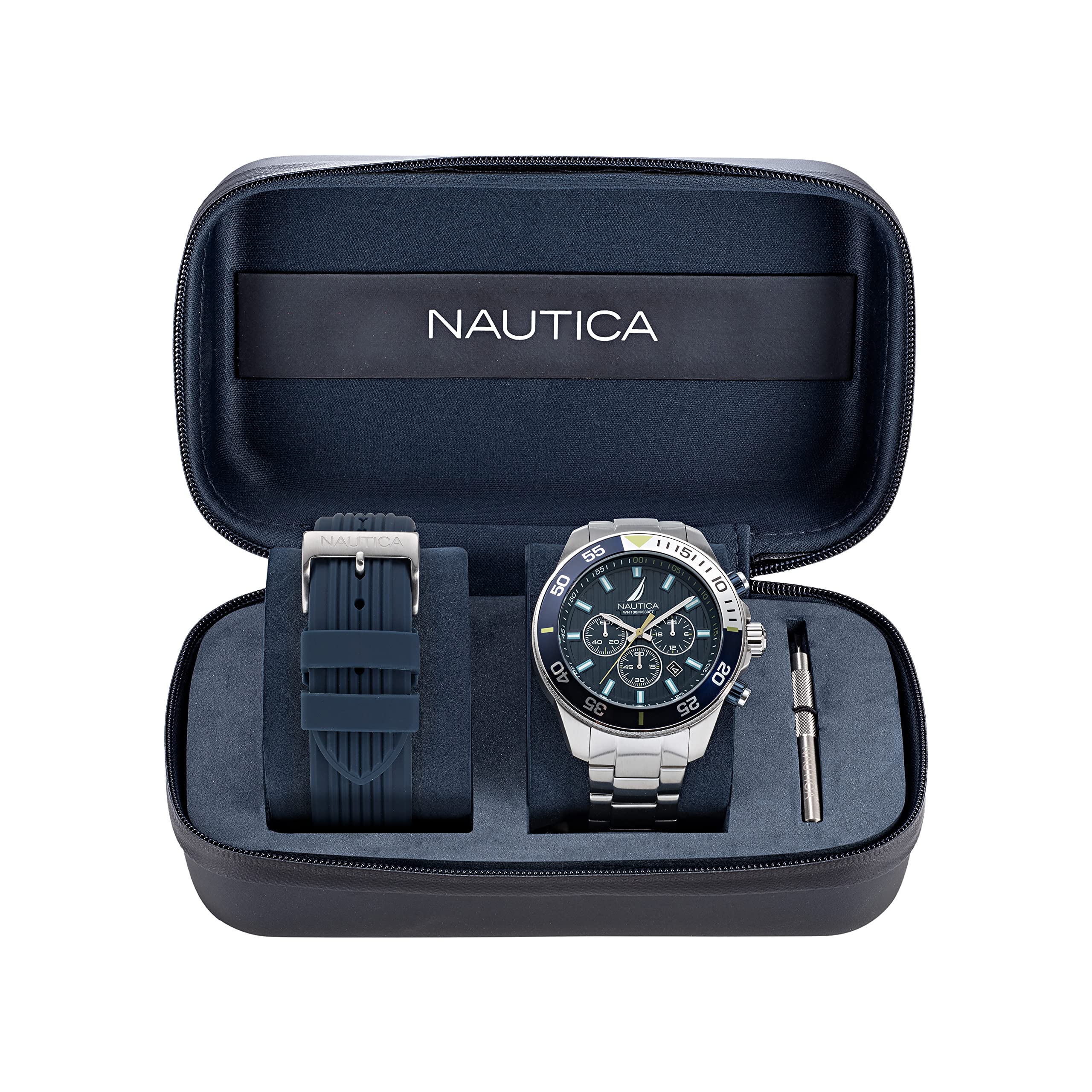 Nautica Men's NAPNOS304 Eco-Friendly Watch - 85% Recycled Stainless Steel Bracelet & Blue Silicone Strap - Waterproof Casual & Sports Watch for Everyday Wear, Outdoor Activities and Gifts