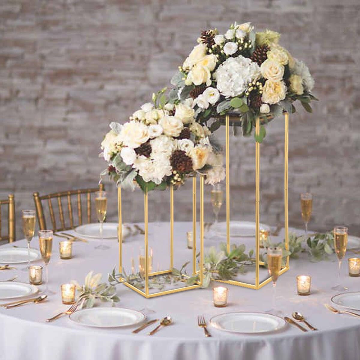 10-Piece Gold Geometric Metal Column Floral Vase Set - 23.6 Inch Wedding Centerpieces for Tables, Birthday Party & Home Event Decorations - Elegant Flower Stands for Weddings, Anniversaries and Special Occasions