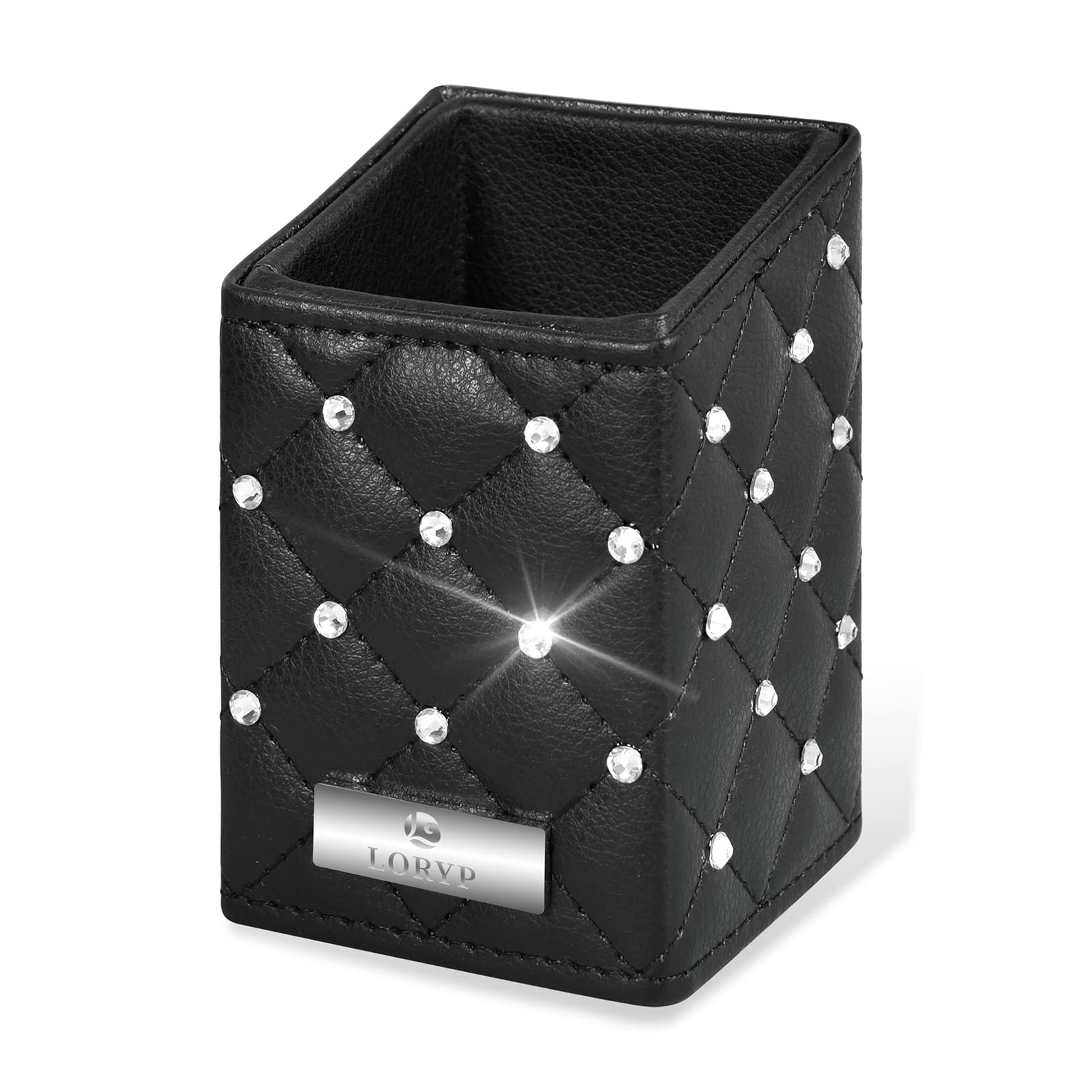 LORYP Crystal Makeup Brush Holder - Rhinestone & PU Cosmetic Brush Organizer | Handmade Vanity Storage for Dresser & Countertop (Black) | Perfect for Makeup Artists & Beauty Enthusiasts