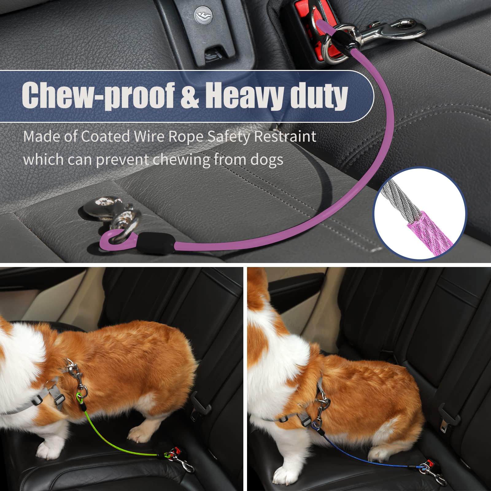 **Dog Car Seat Belt Harness - 24 inch/60 CM Coated Wire Leash Safety Restraint with Double Clips & Latch - Chew-Proof Tether for Vehicle Travel (Purple) - Perfect for Road Trips & Safe Pet Transport**