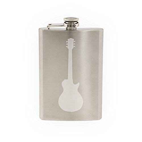 Classic Rocker Guitar Silhouette Etched 8 Oz Stainless Steel Flask - Vintage Music Lover Gift for Concerts, Camping & Outdoor Adventures