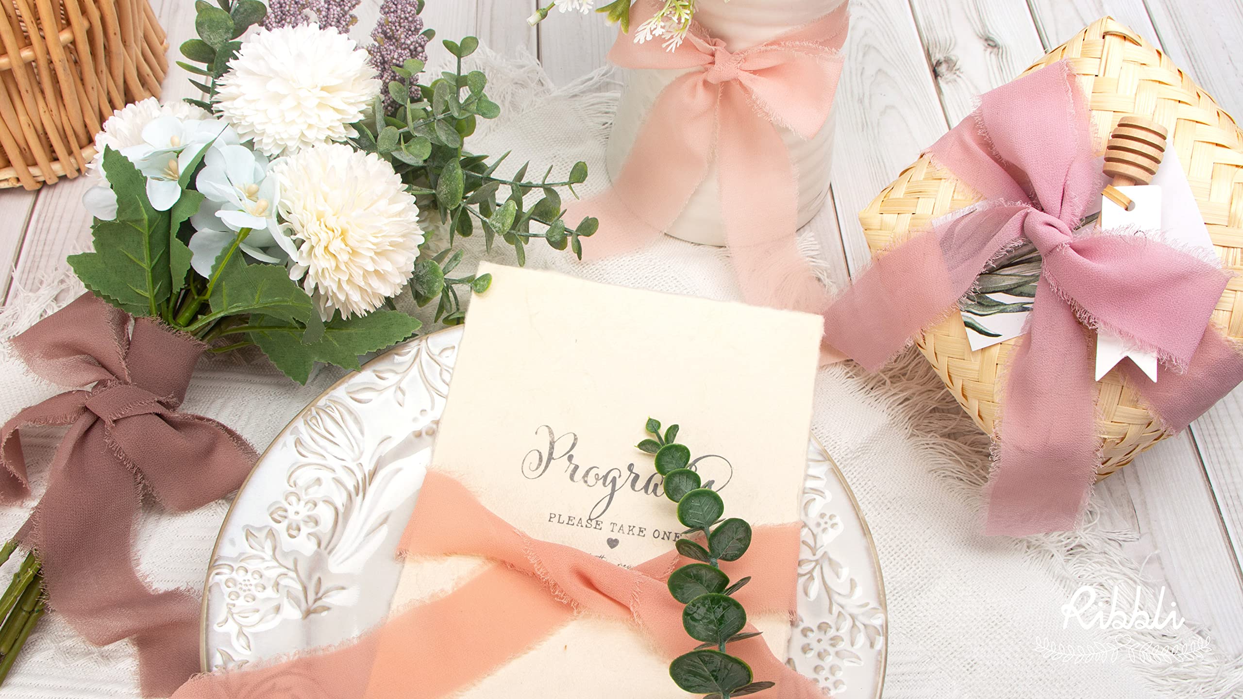 Ribbli Blush Pink Chiffon Ribbon 1.5 Inch x 20 Yards - Handmade Silk Fringe Ribbon for Wedding Invitations, Bridal Bouquets, Floral Arrangements - Perfect for DIY Crafts, Gift Wrapping & Party Decorations