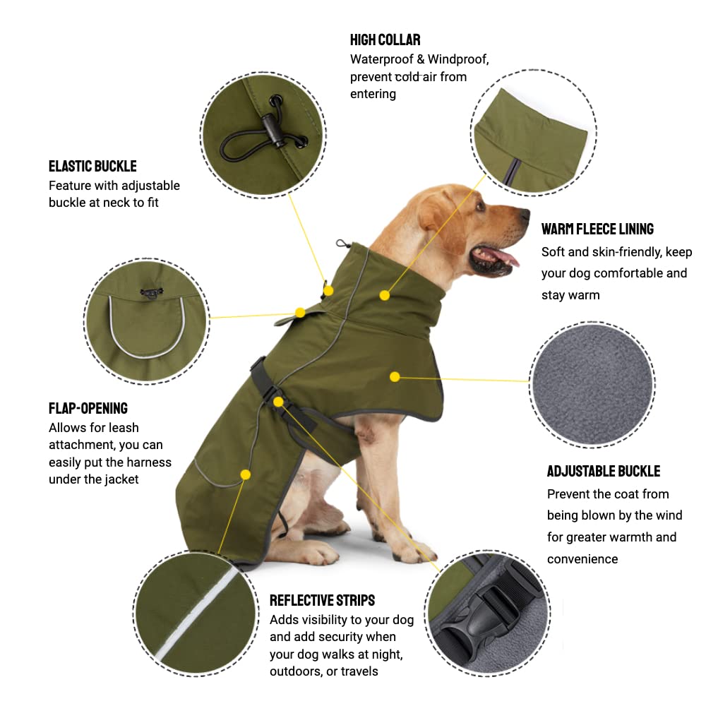 Waterproof & Windproof Dog Rain Coat with Reflective Strips - Winter Outdoor Dog Jacket with Back Zipper (Army Green, Small) - Perfect for Rainy Walks & Cold Weather Protection