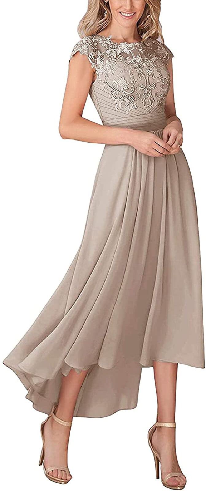 Elegant Women's Cap Sleeve Mother of The Bride Dress - Lace & Chiffon Formal Evening Gown with Pockets | High-Low Hem Prom Dress for Weddings, Parties & Special Occasions