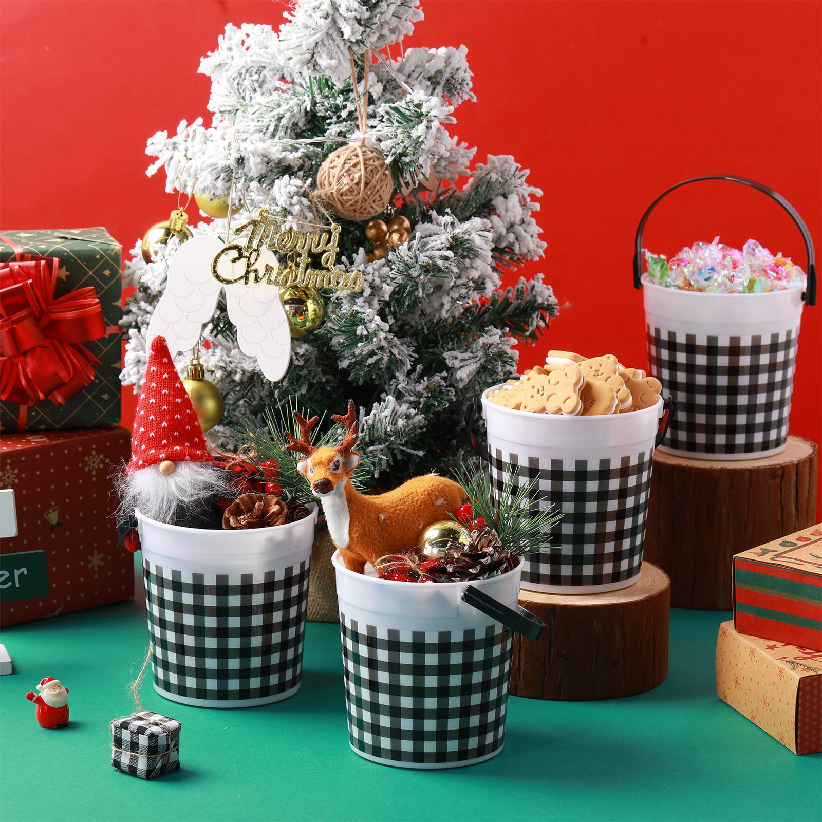 24-Piece Set of 32 oz Plastic Buckets with Handles - Durable Grid Design for Home, Kitchen, Party Decor | Perfect for Candy Storage, Flower Vases, Toy Baskets & Winter Holiday Celebrations