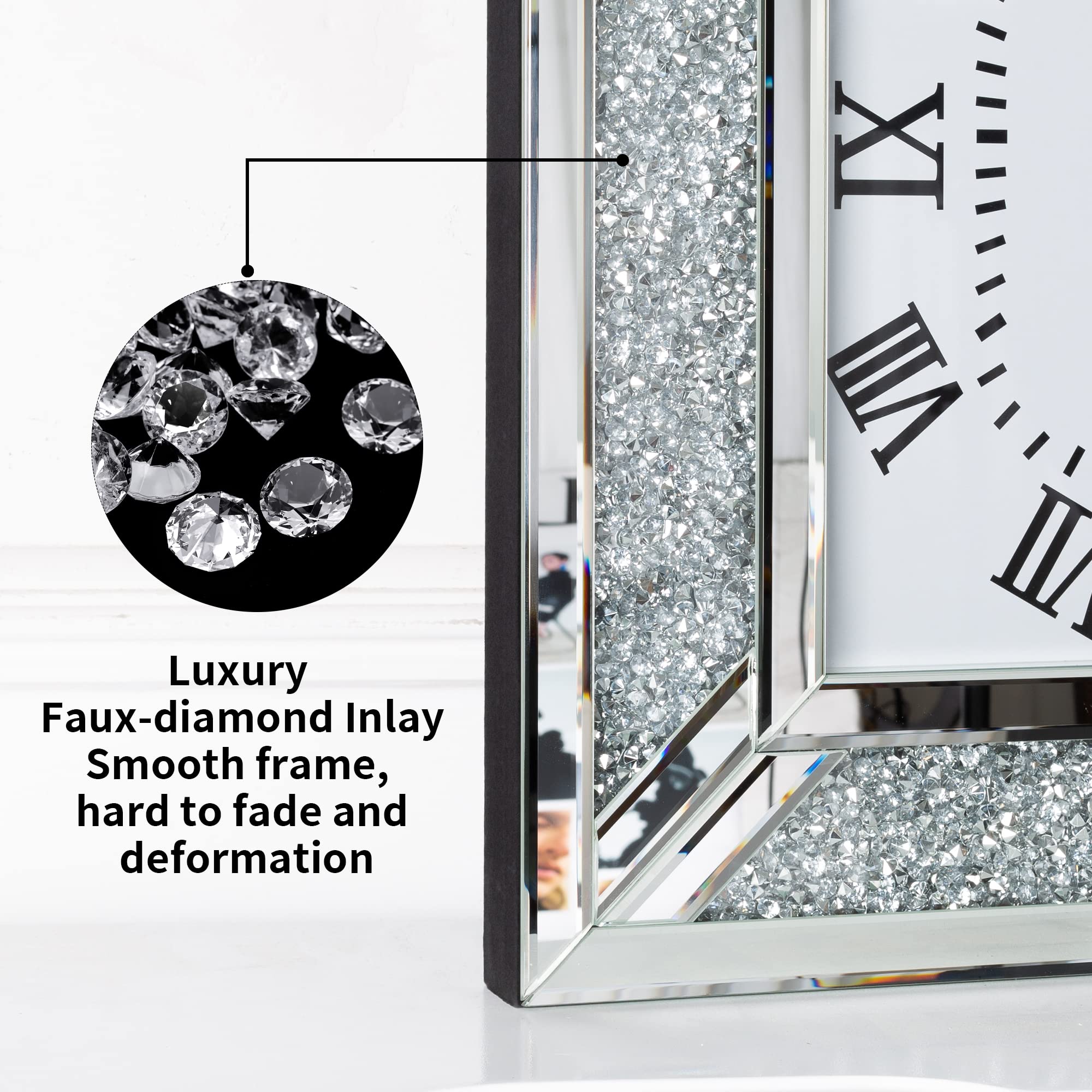 SHYFOY 24 Inch Large Decorative Wall Clock - Modern Mirrored Glass Surface with Crushed Diamond Frame for Living Room, Bedroom & Office Decor | Perfect for Home, Office & Gift Giving