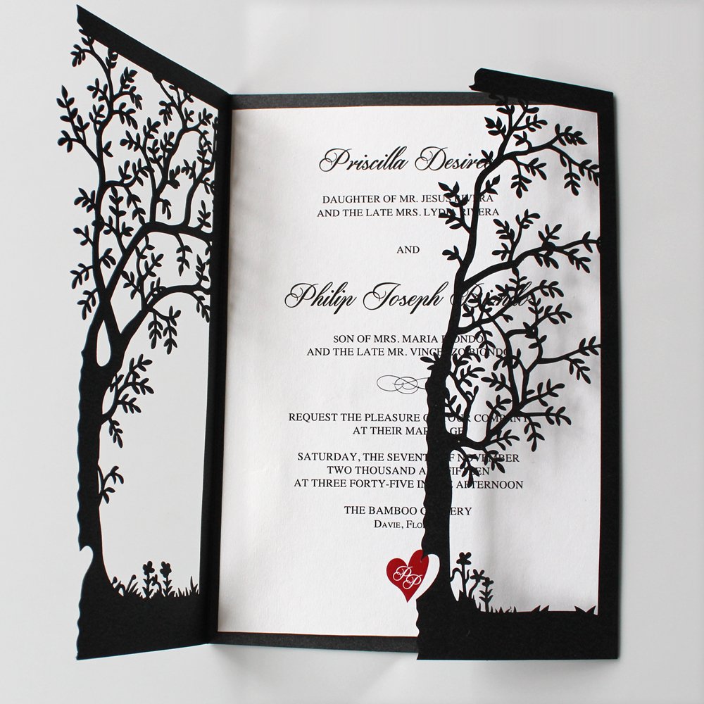 Elegant Black Wedding Invitation Cards with Tree & Red Heart Design - Set of 30 - Perfect for Formal Weddings, Anniversaries & Special Events