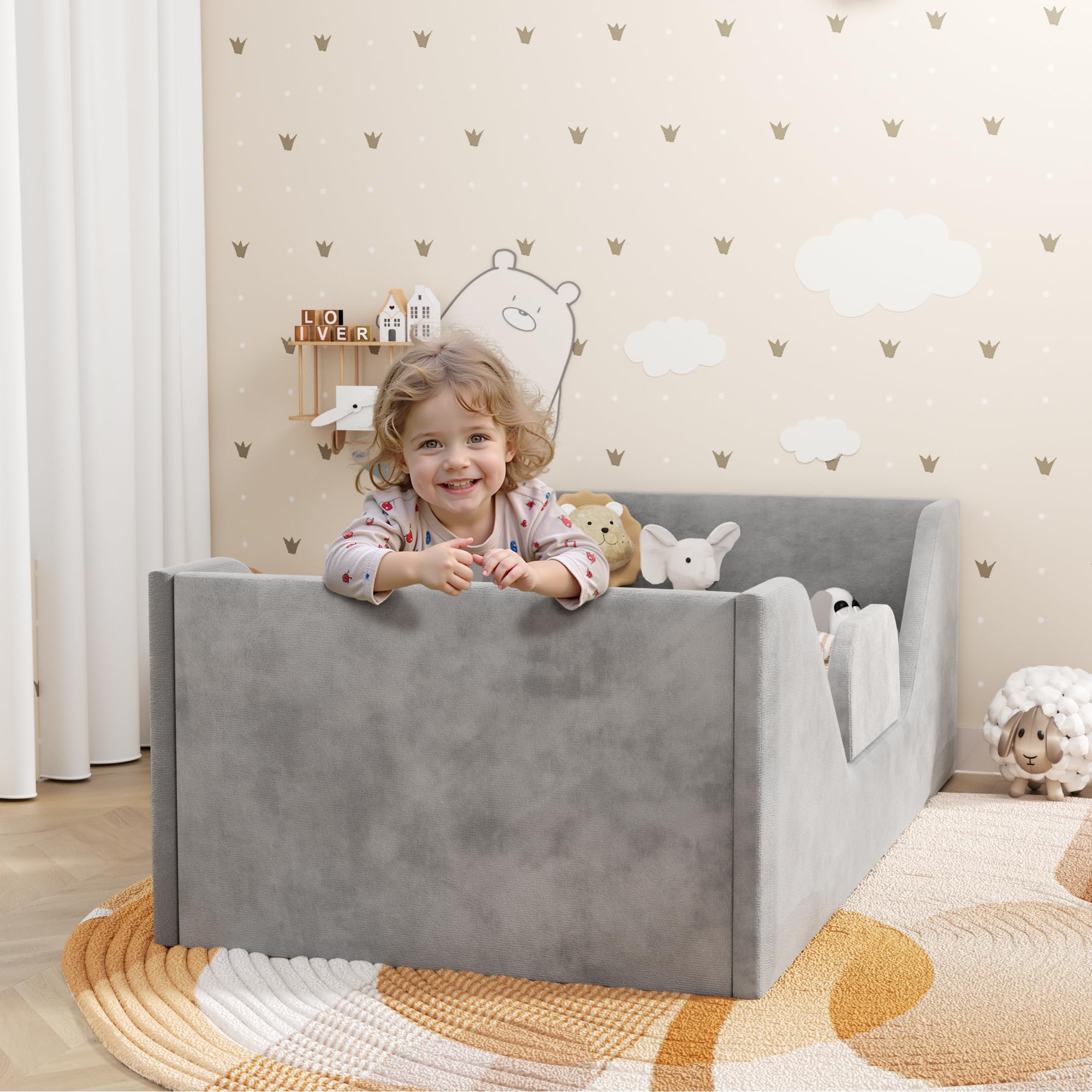 **Safe & Sturdy Toddler Floor Bed with Guard Rails for Kids 2-6 Years | Standard Crib Mattress Compatible | Certified Fabric Toddler Bed (Big Gray) – Perfect for Montessori Bedrooms & Child Safety**