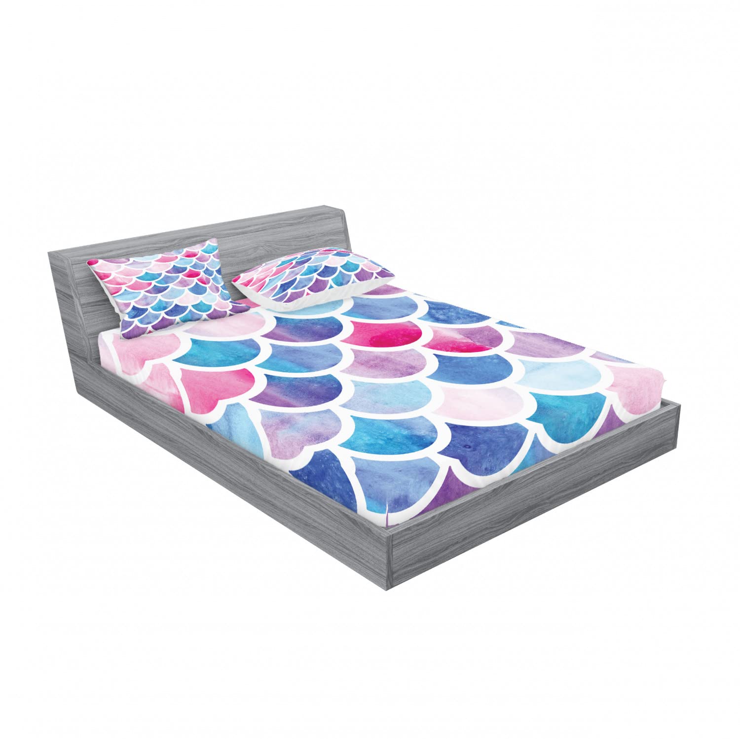 Ambesonne 2-Pack Queen Size Fitted Sheet & Pillow Sham Set - Pastel Mermaid Scale Pattern Bedding Decor (4-Piece Set, Includes 2 Fitted Sheets & 4 Pillow Covers) - Perfect for Beach House, Mermaid-Themed Bedroom or Coastal Decor