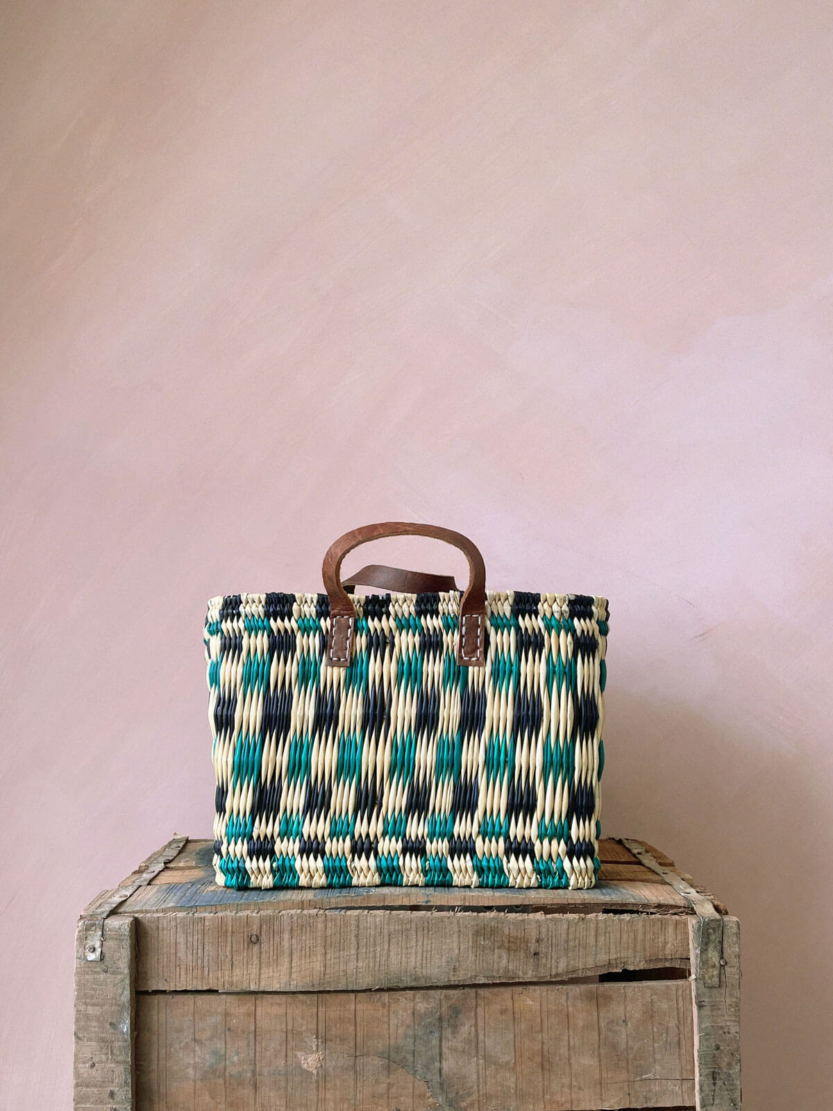 Handwoven Checkered Reed Storage Basket - Indigo & Green - Perfect for Home Organization, Laundry, and Farmhouse Decor