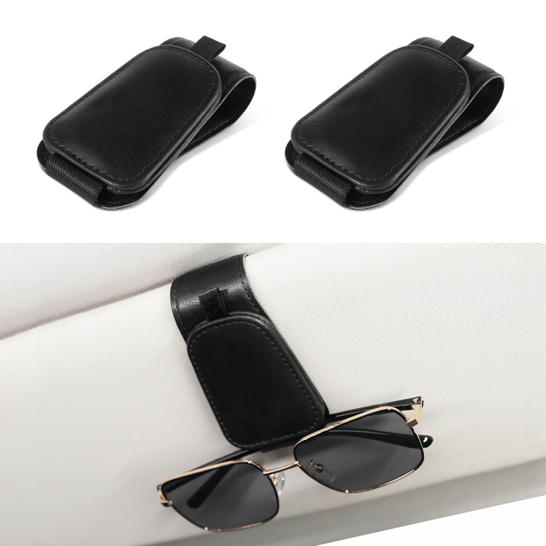 SINGARO 2 Pack Magnetic Sunglass Holder for Car Visor - Universal Non-Slip Leather Eyeglass Clip - Car Accessories for Men & Women (Black) - Perfect for Road Trips, Commuting & Daily Driving