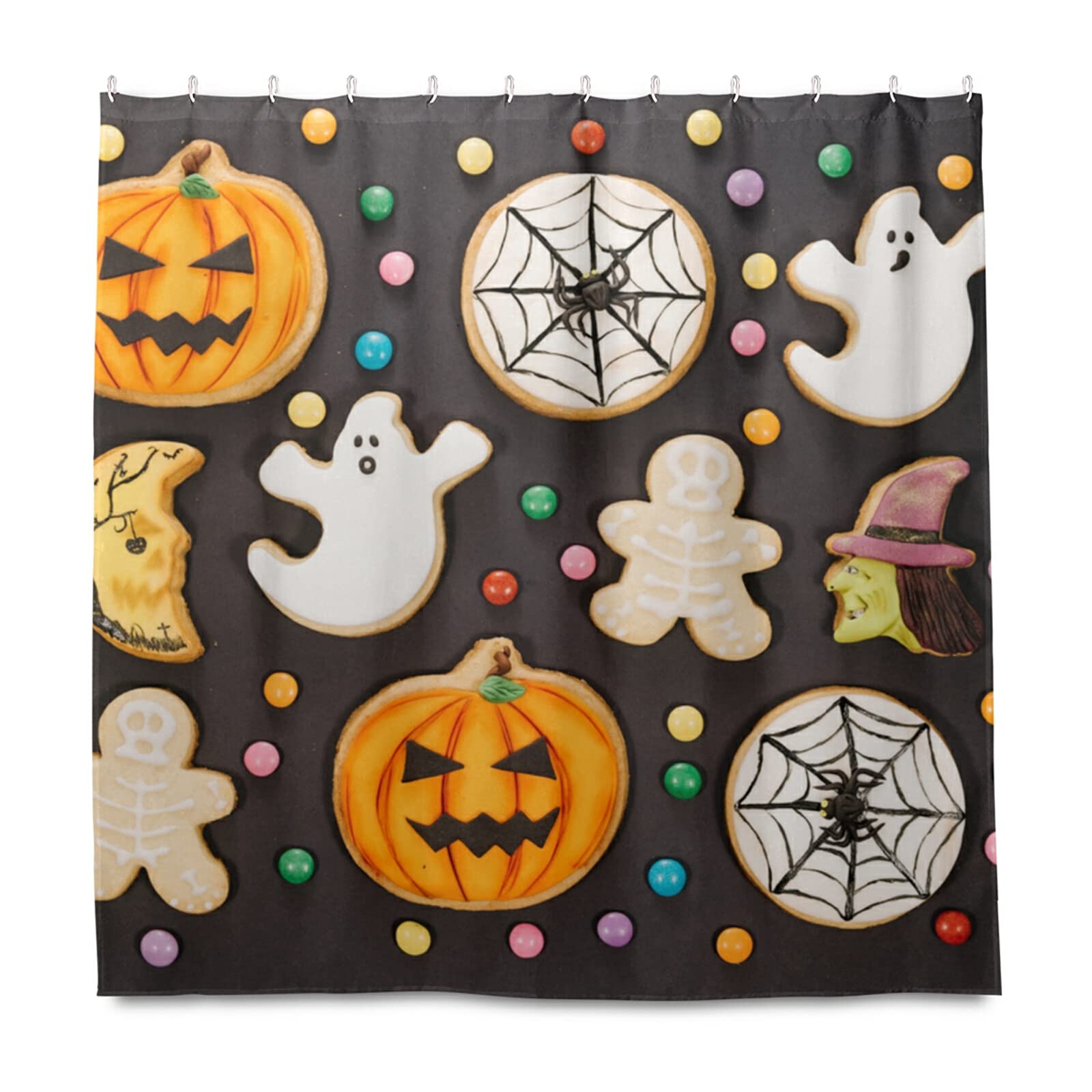 Halloween Shower Curtain 72x72 Inch - Waterproof Fabric Bathroom Decor with Hooks, Cute Candy & Cookie Print for Kids, Teens & Adults - Perfect for Halloween Party, School Bathroom or Home Decor