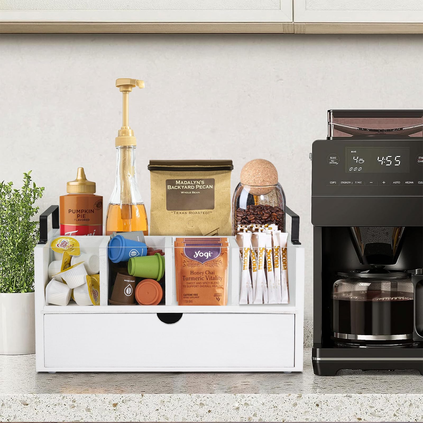 Rustic Wood Coffee Bar Organizer with Drawer - K Cup & Coffee Pods Holder with Handle - Countertop Coffee Station Accessories for Condiments & Decor - Perfect for Home, Office, or Cafe Use