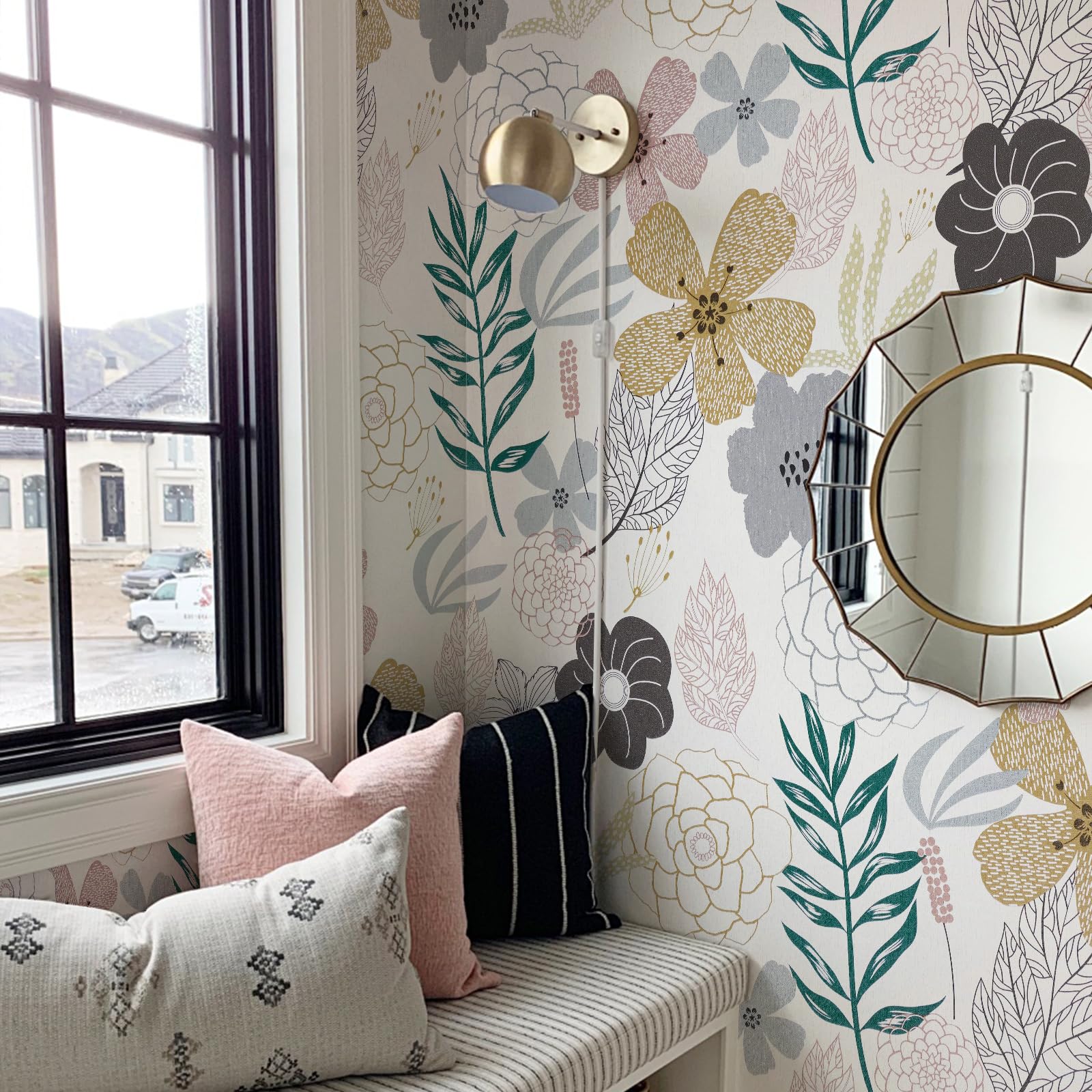 Floral Peel and Stick Wallpaper - Pink Perennial Blooms Self-Adhesive Vinyl, 17.71'' x 118'' Removable Waterproof Contact Paper for Bathroom, Cabinet & Home Decor | Easy DIY Wall Covering for Bedroom, Kitchen Backsplash & Furniture Makeover